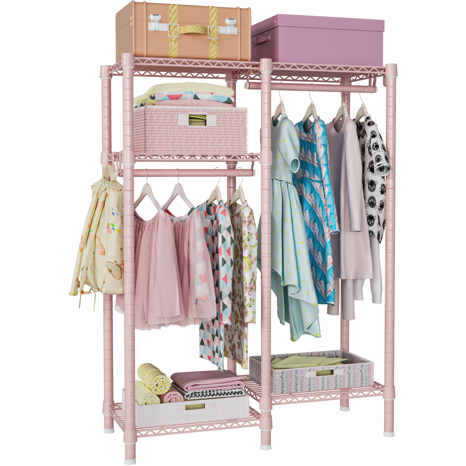 F1 Kids Double Column Garment Rack (Black), 4-Tier Shelves & 2 Hanger Rods, 40LBS per Shelf