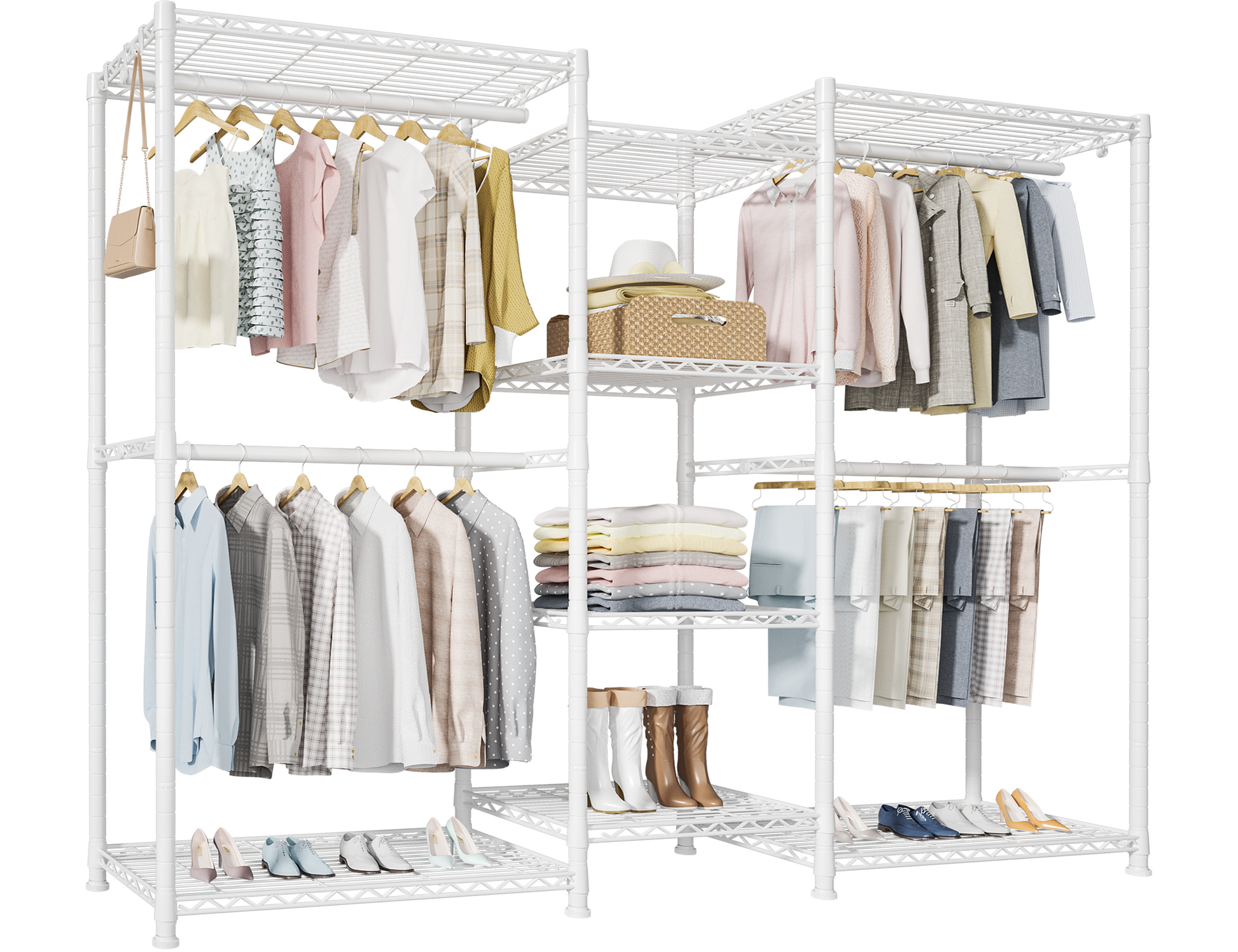 E4 71.6"W L-Shaped Triple Column Garment Rack (Black), 962LBS Load & 8-Tier Adjustable Shelves