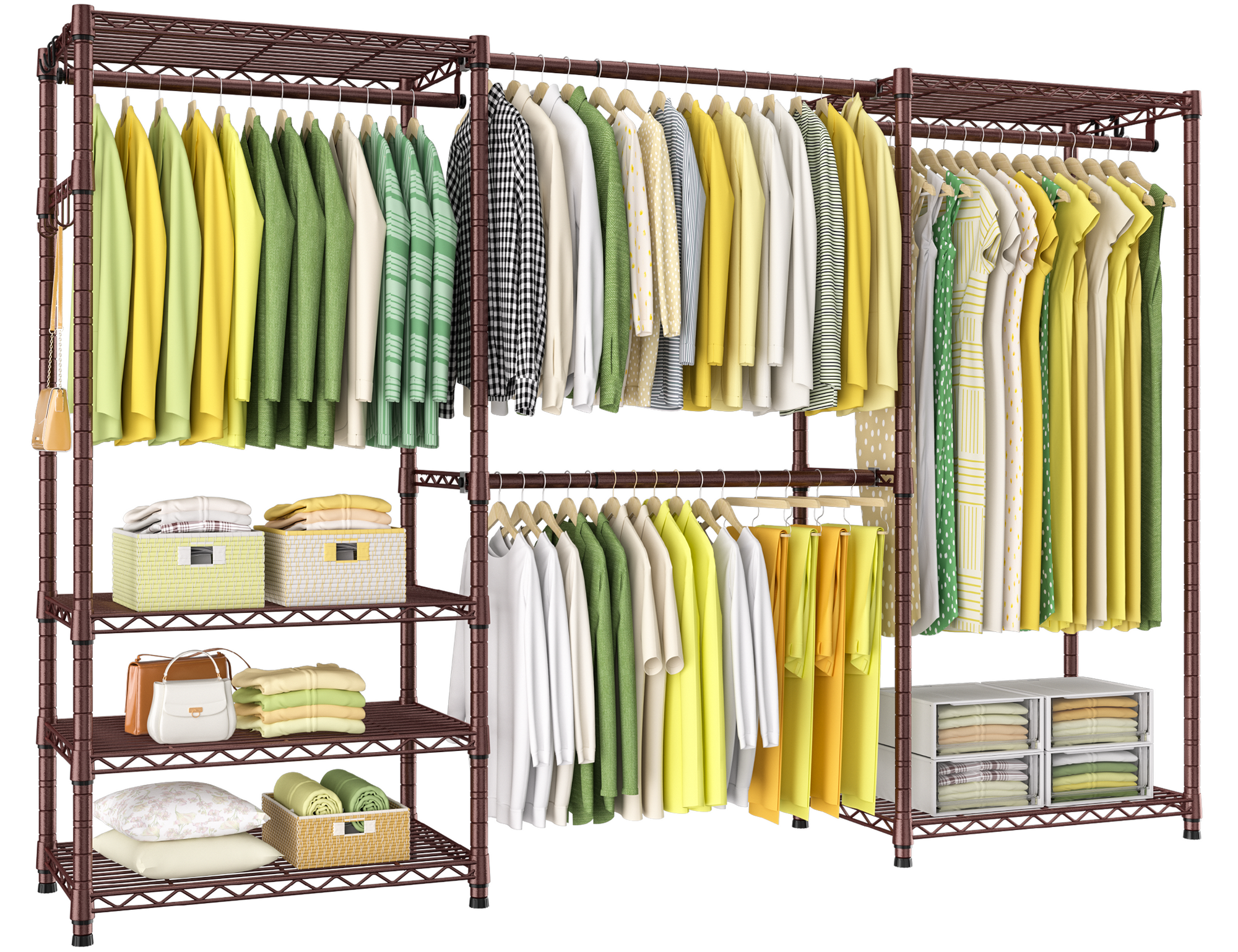 E1 70-88.2" Extendable Triple Column Garment Rack (Black), 6-Tier Shelves & 4 Hanger Rods