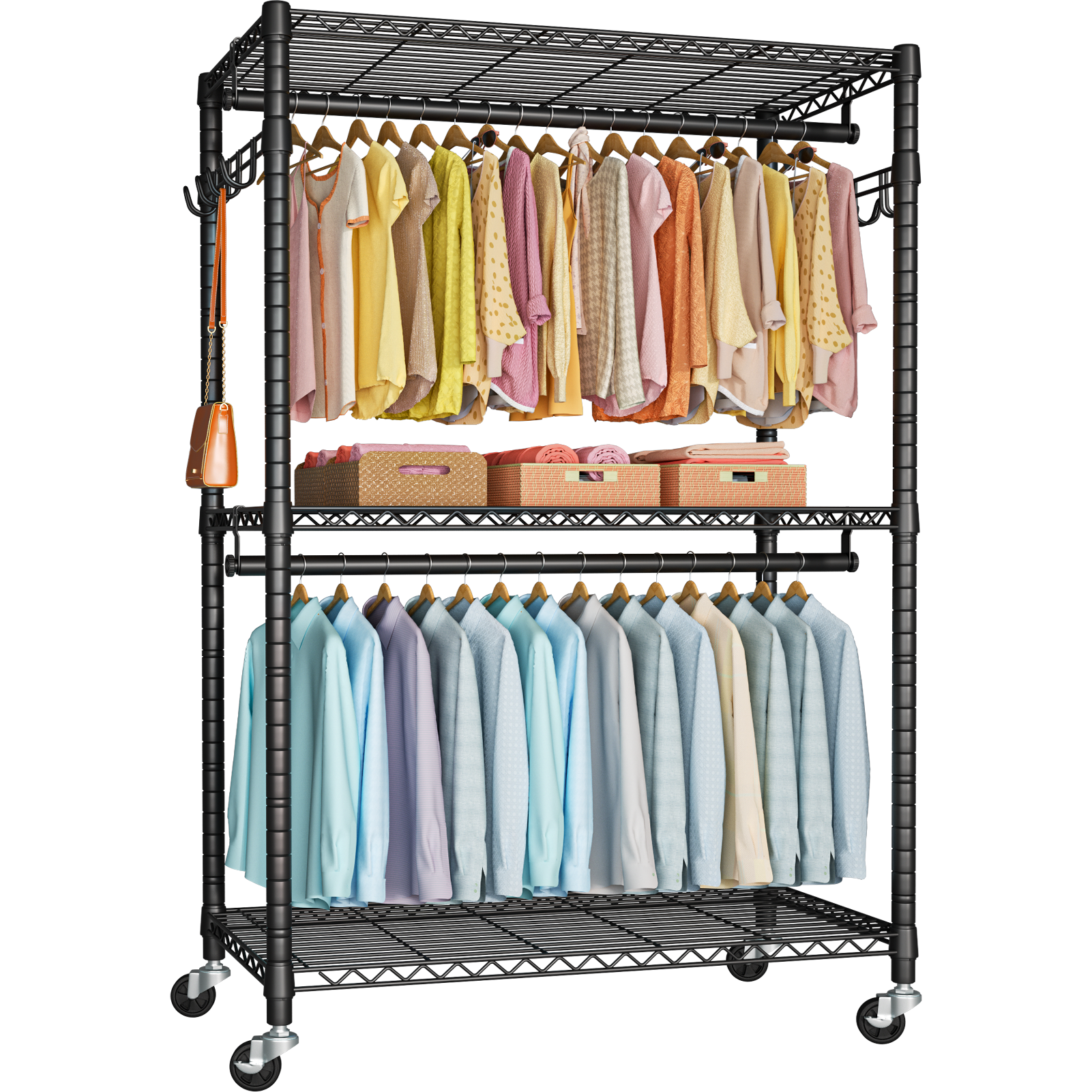 P1 Single Column Rolling Garment Rack (Grey), 35.4"W, 450LBS Load & Rust-Proof Coating