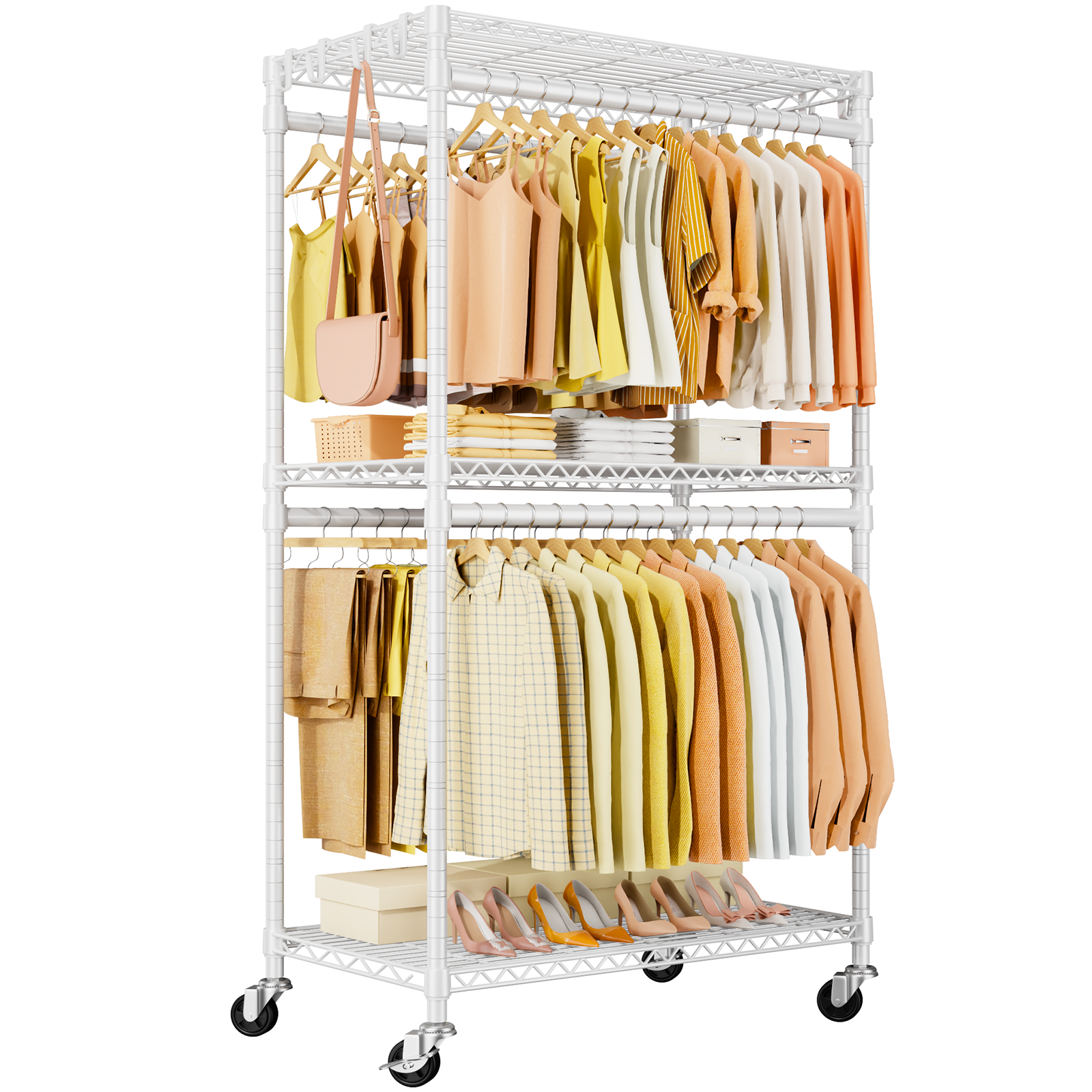 P5 39.4"W Single Column Garment Rack (Black), 655LBS Load, 3-Tier Shelves & 8 Side Hooks