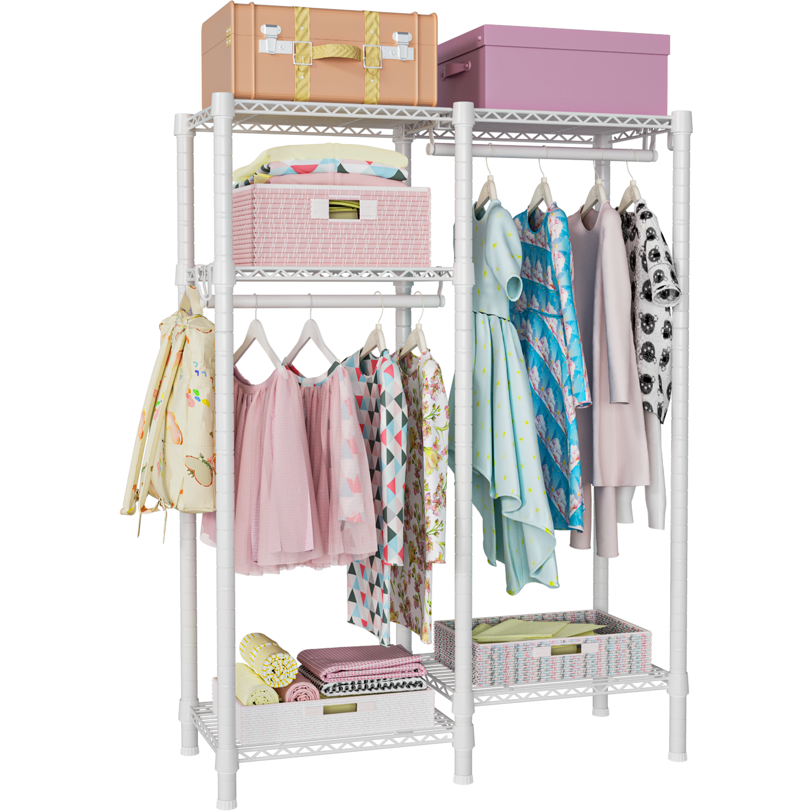 F1 Kids Double Column Garment Rack (Black), 4-Tier Shelves & 2 Hanger Rods, 40LBS per Shelf