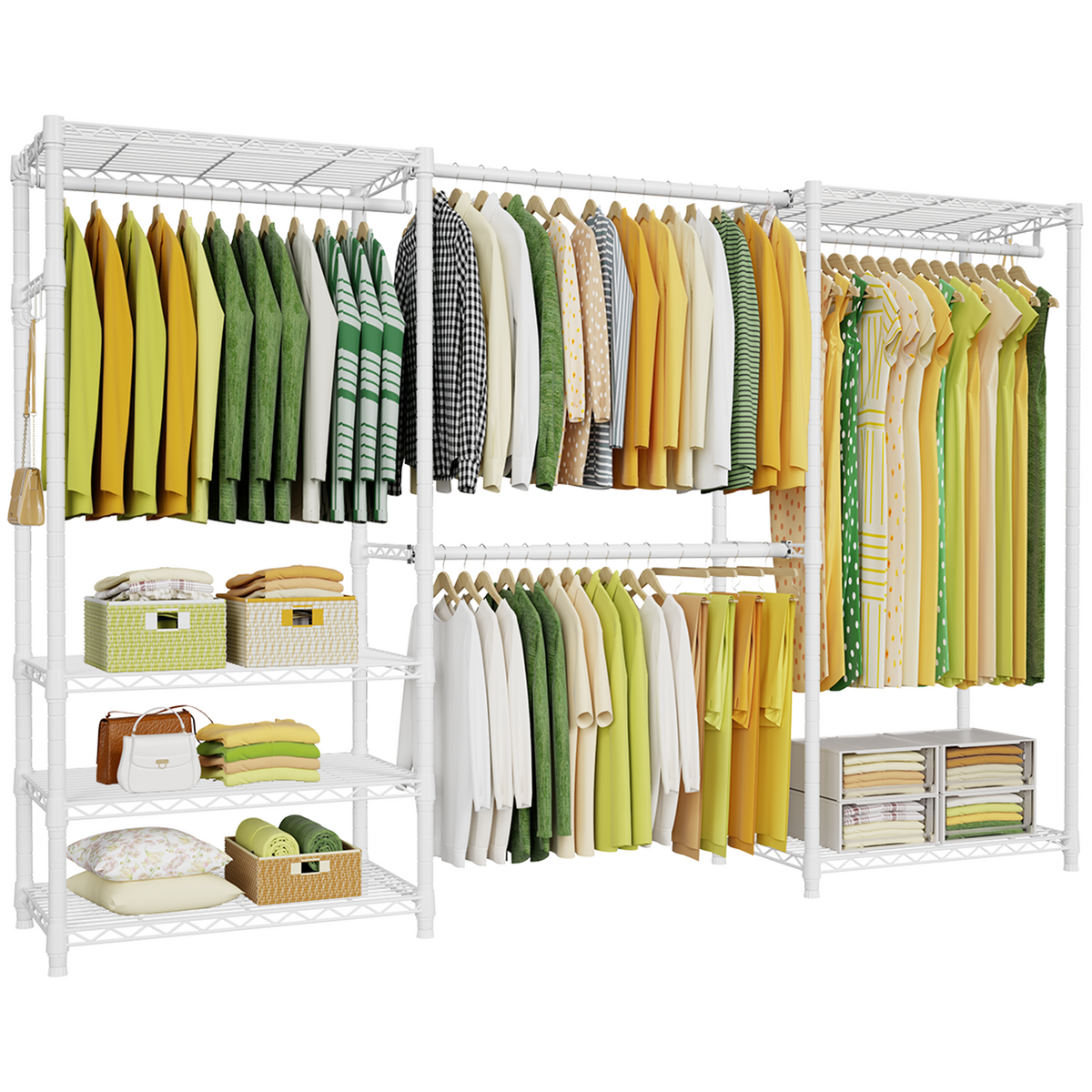 E1 70-88.2" Extendable Triple Column Garment Rack (Black), 6-Tier Shelves & 4 Hanger Rods