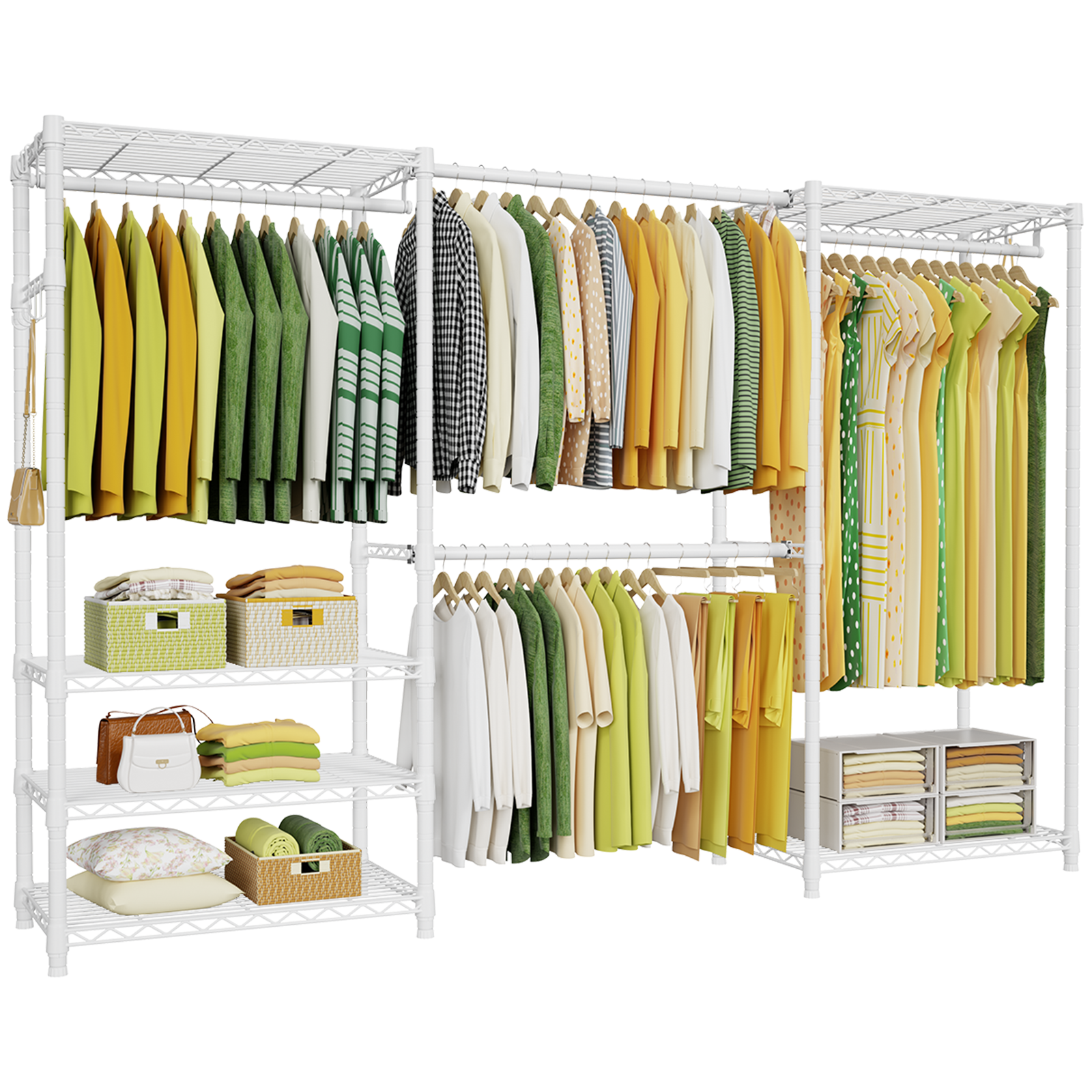 E1 70-88.2" Extendable Triple Column Garment Rack (Black), 6-Tier Shelves & 4 Hanger Rods