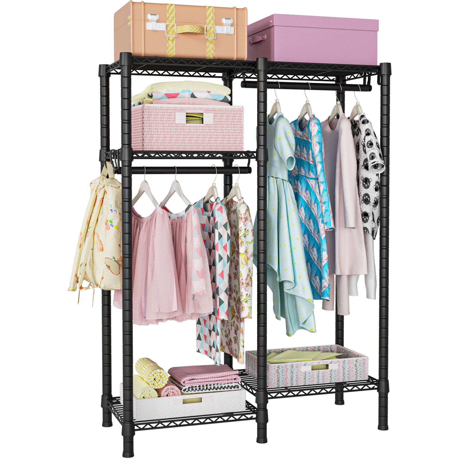 F1 Kids Double Column Garment Rack (Black), 4-Tier Shelves & 2 Hanger Rods, 40LBS per Shelf