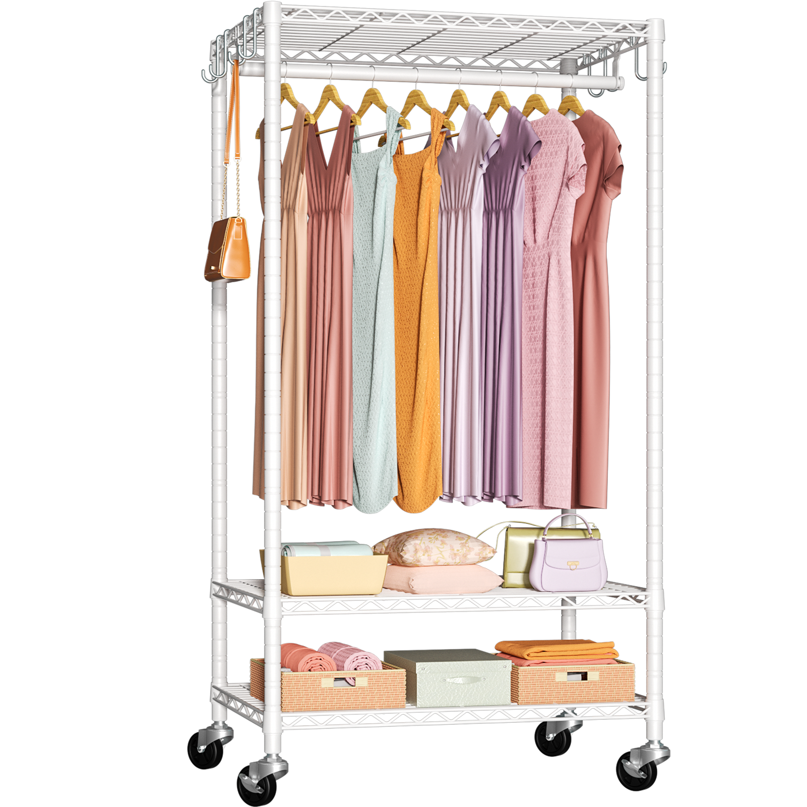 P6 Single Column Garment Rack (Black), 23.6"W, 360LBS Load & 3-Tier Shelves for Students