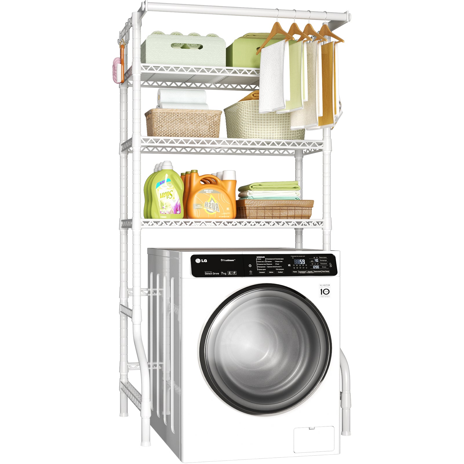 U11 Over-Washer Garment Rack (Black), ≤31.4" Washer Fit, 3-Tier Shelves & Front Hanger Rod