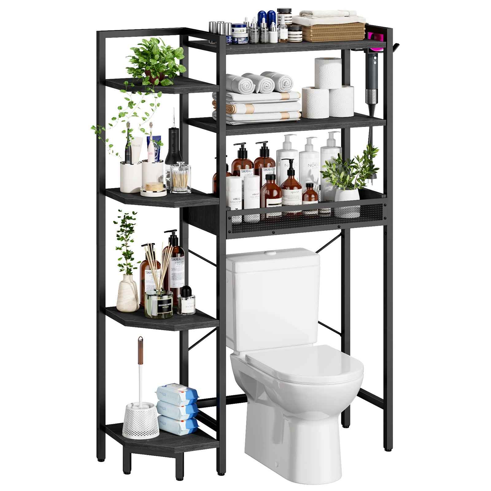 K1 Heavy Duty 7-Tier Over The Toilet Storage（With Basket and Paper Hook）Freestanding Above Toilet Shelf with Adjustable Feet