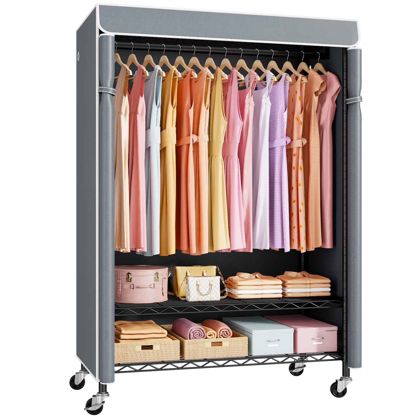 P6C Plus Rolling Clothes Rack with Cover, Covered Clothing Rack Heavy Duty, Portable, Garment Rack on Wheels