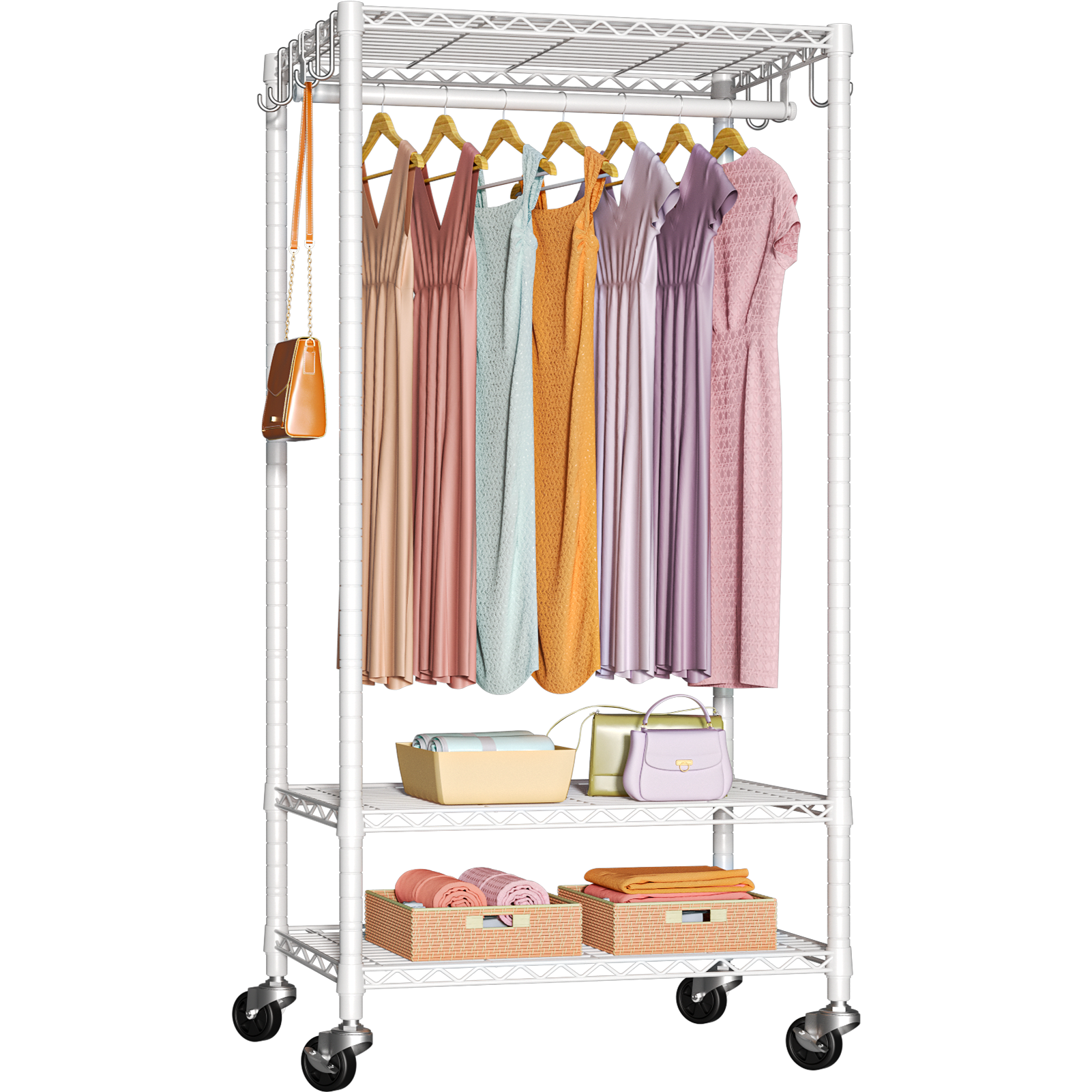 P6 Single Column Garment Rack (Black), 23.6"W, 360LBS Load & 3-Tier Shelves for Students