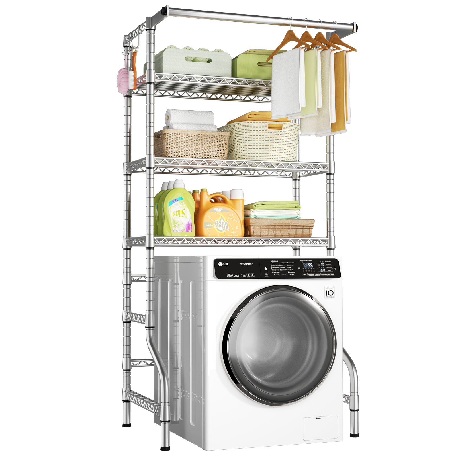 U11 Over-Washer Garment Rack (Black), ≤31.4" Washer Fit, 3-Tier Shelves & Front Hanger Rod
