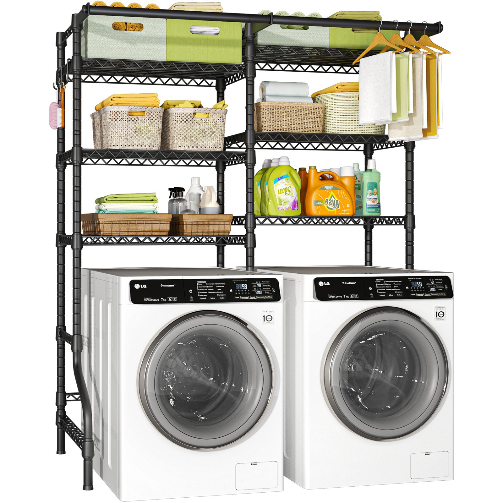 U13 Medium Double Column Over-Washer Garment Rack (Black), 57.8" Wide, ≤27.1" Washer Fit