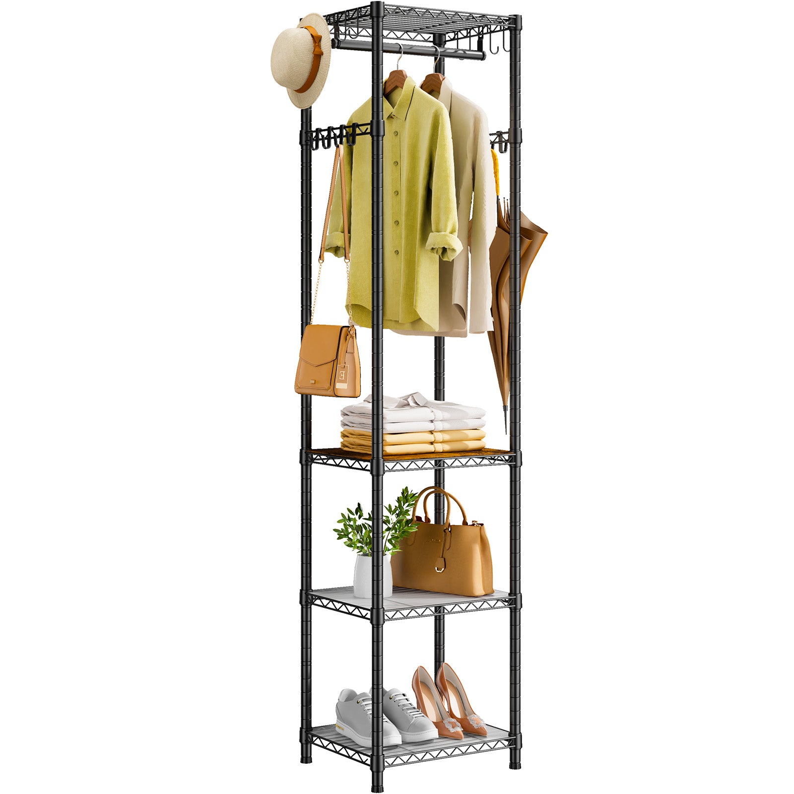 R1 Single Column Entryway Garment Rack (Black), 16 Hooks+4 Shelves, 3-in-1 Storage for Coats/Shoes