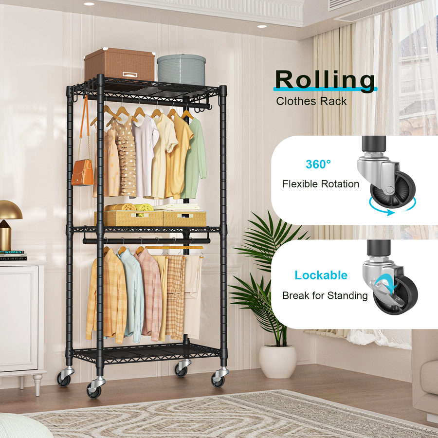 P3 Rolling Clothes Rack, Clothing rack with height adjustable shelves and 8 hooks