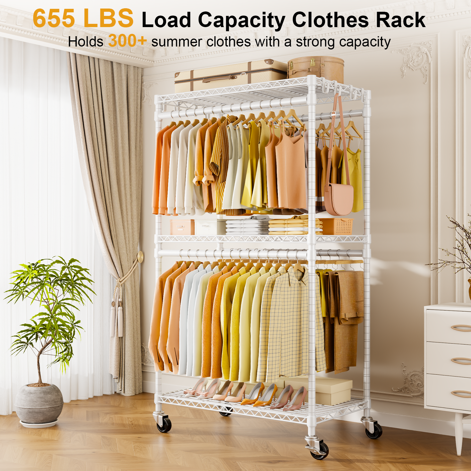 P5 39.4"W Single Column Garment Rack (Black), 655LBS Load, 3-Tier Shelves & 8 Side Hooks
