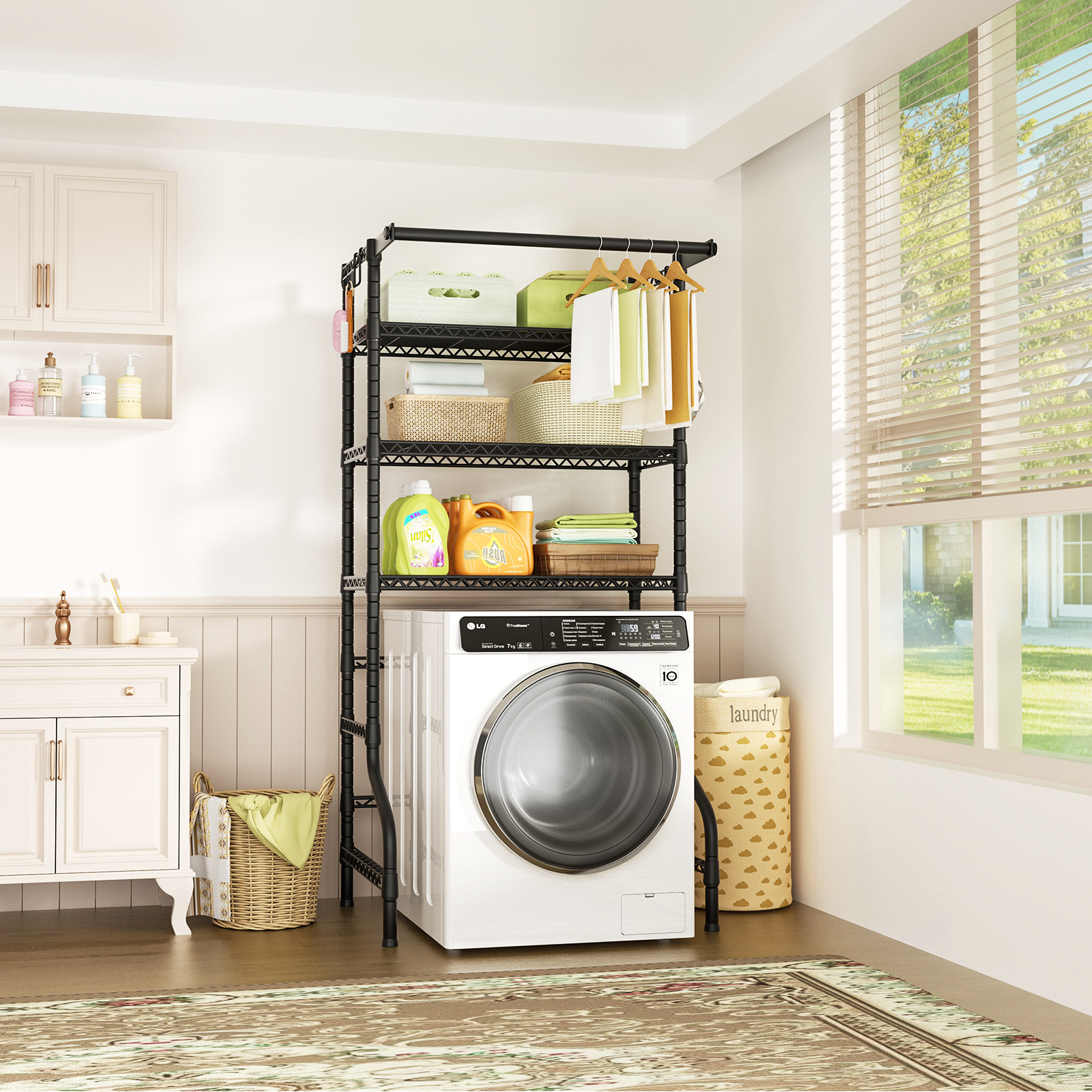 U11 Over-Washer Garment Rack (Black), ≤31.4" Washer Fit, 3-Tier Shelves & Front Hanger Rod