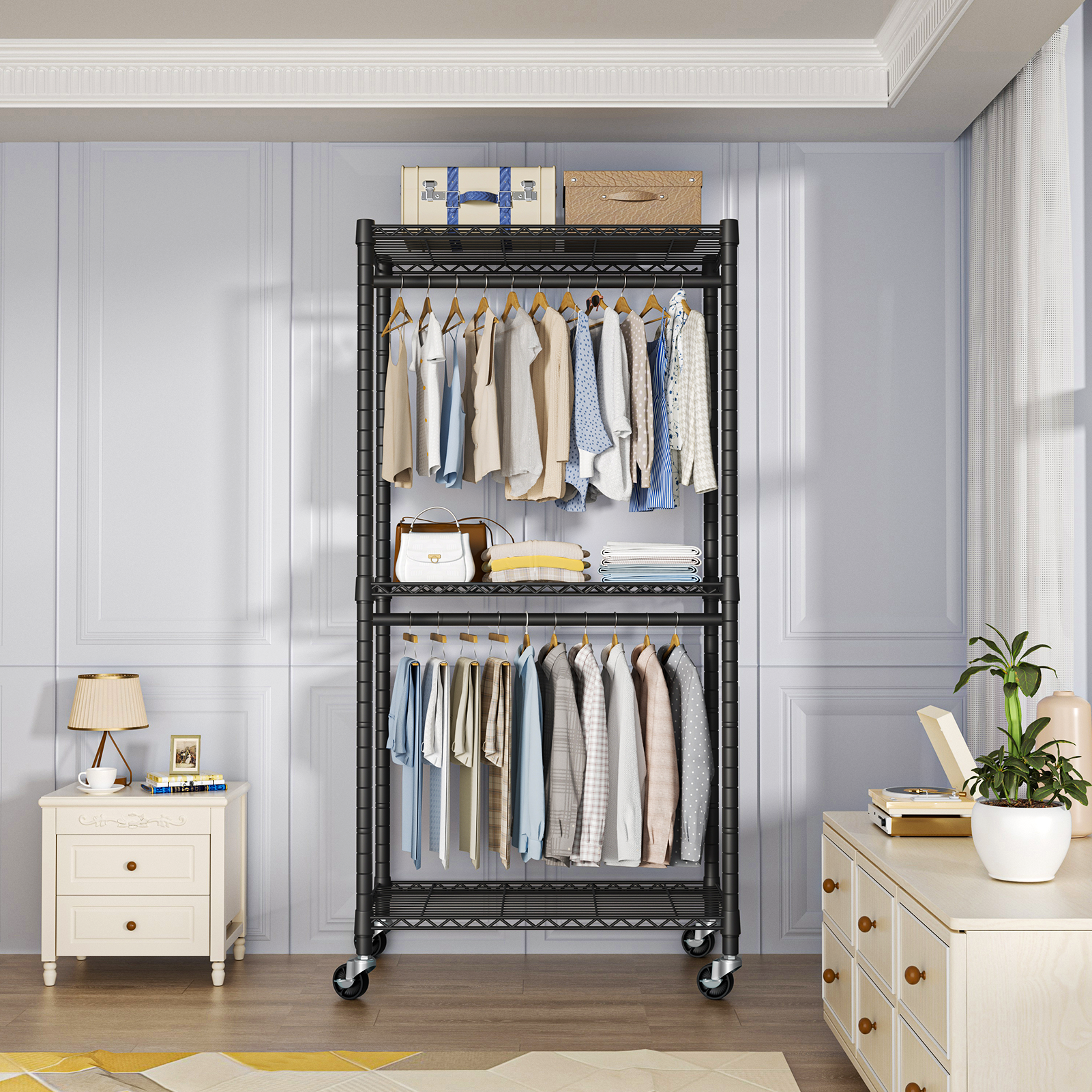 P1 Medium Single Column Garment Rack (Black), 30"W, 360LBS Load & 3 Adjustable Wire Shelves