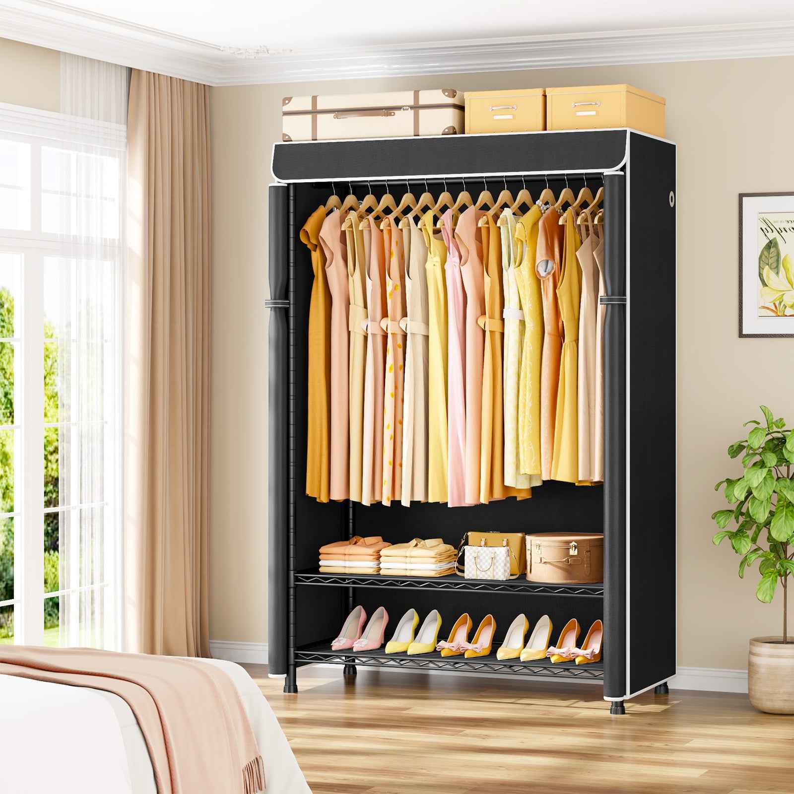 H5C Plus Clothes Rack with Cover, Portable Closet for Hanging Clothes, Covered Clothing Racks Heavy Duty, 3-Tiers Garment Rack with Shelves Max Load 370LBS