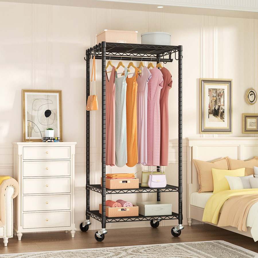 P6 Portable Garment Rack, Freestanding clothing rack with 3-Tier Shelves, Load capacity 380lbs