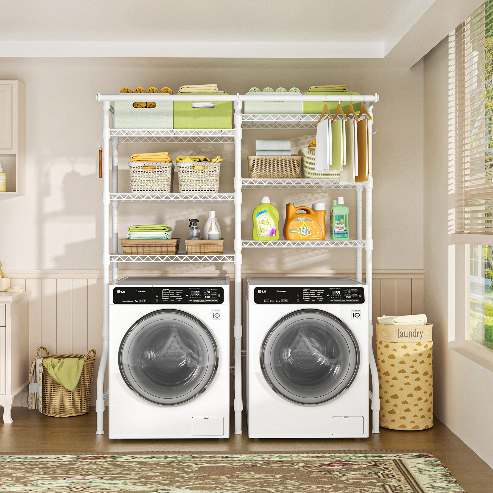 U13 Medium Double Column Over-Washer Garment Rack (Black), 57.8" Wide, ≤27.1" Washer Fit