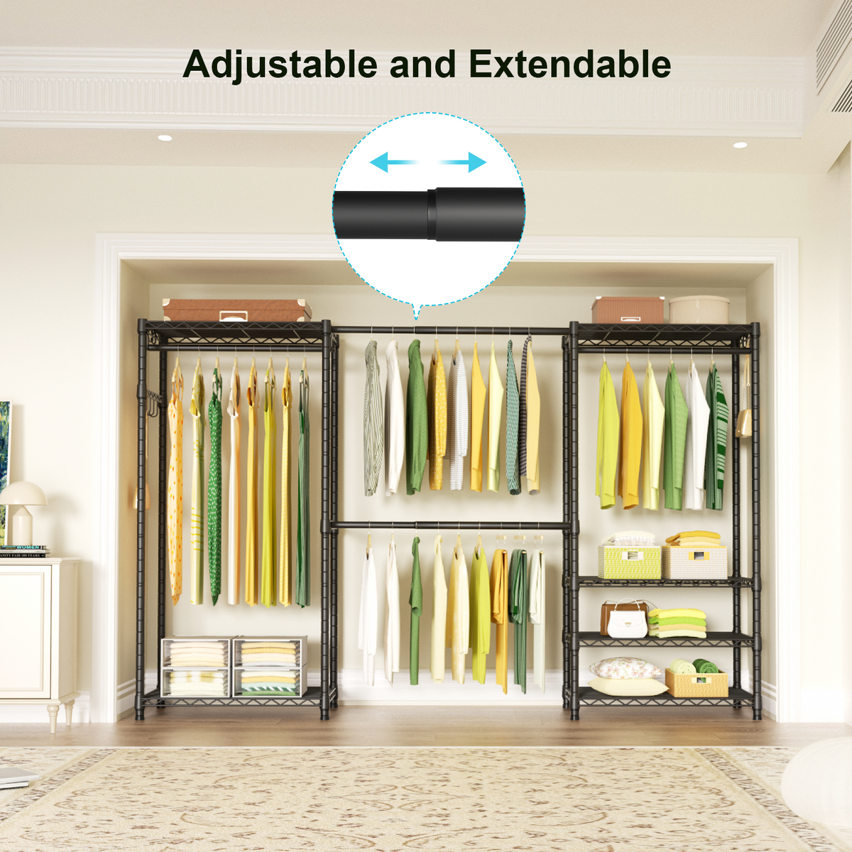 E1 70-88.2" Extendable Triple Column Garment Rack (Black), 6-Tier Shelves & 4 Hanger Rods