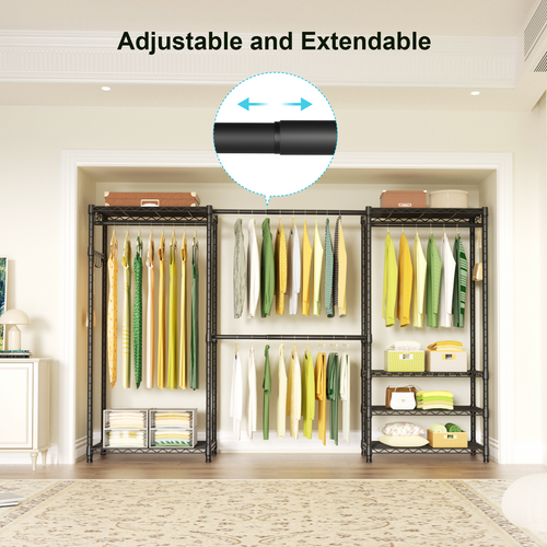 E1 70-88.2" Extendable Triple Column Garment Rack (Black), 6-Tier Shelves & 4 Hanger Rods