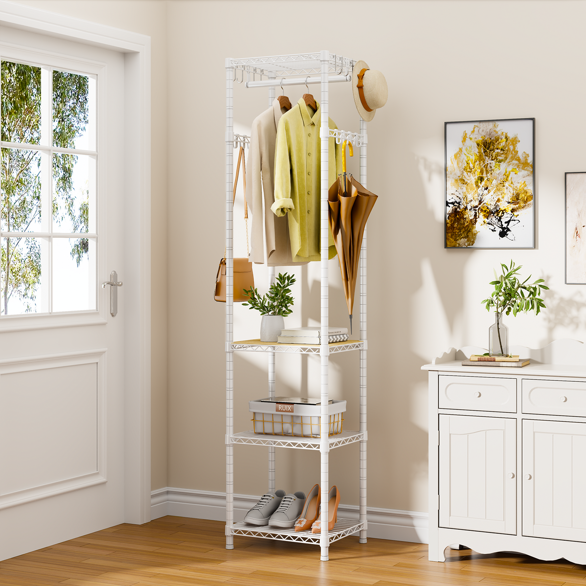 R1 Single Column Entryway Garment Rack (Black), 16 Hooks+4 Shelves, 3-in-1 Storage for Coats/Shoes