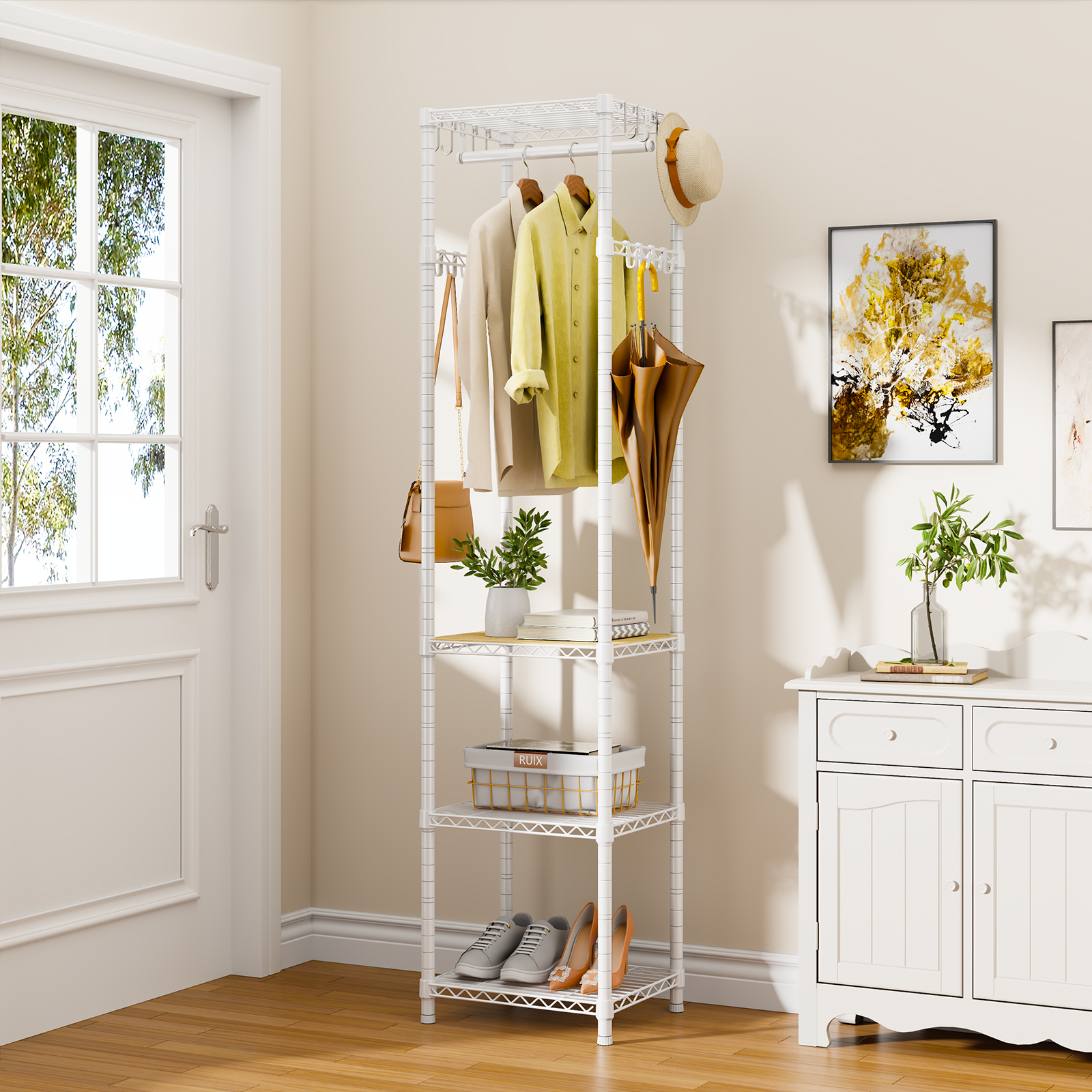 R1 Single Column Entryway Garment Rack (Black), 16 Hooks+4 Shelves, 3-in-1 Storage for Coats/Shoes