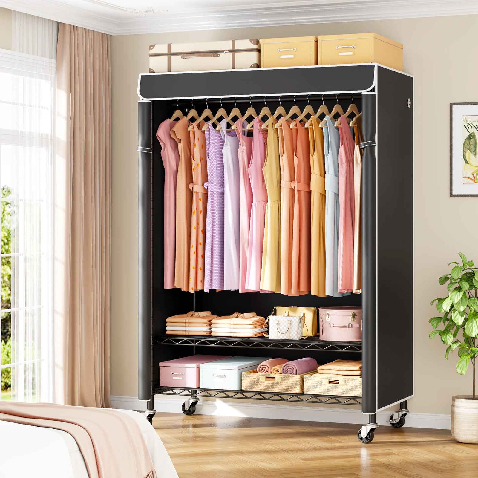 P6C Plus Rolling Clothes Rack with Cover, Covered Clothing Rack Heavy Duty, Portable, Garment Rack on Wheels