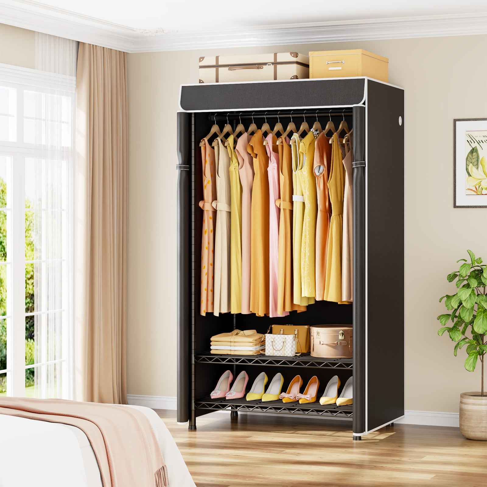 H5C Clothes Rack with Cover, Portable Closet for Hanging Clothes, Covered Clothing Racks Heavy Duty, Freestanding Garment Racks with Shelves Max Load 360LBS