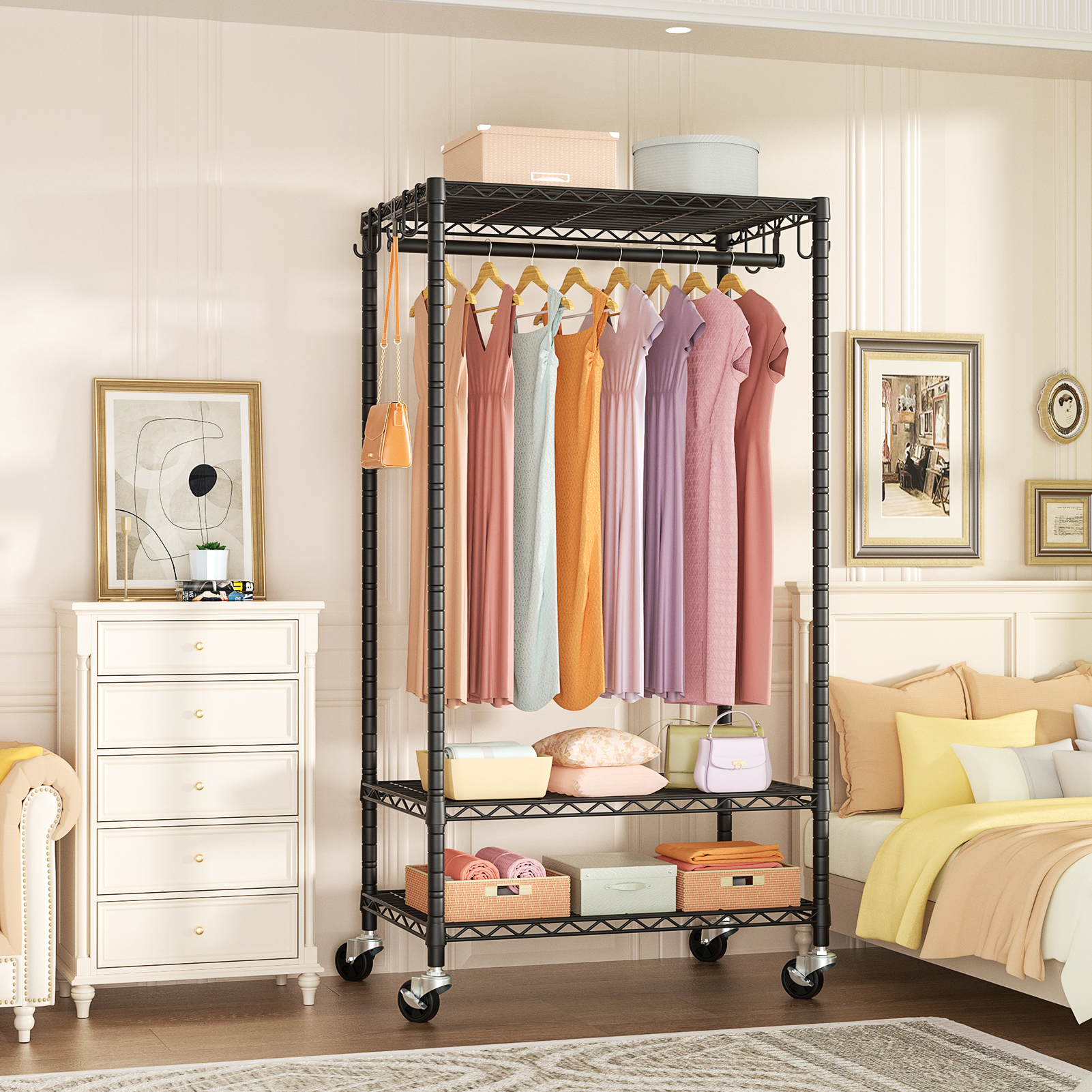 P6 Single Column Garment Rack (Black), 23.6"W, 360LBS Load & 3-Tier Shelves for Students