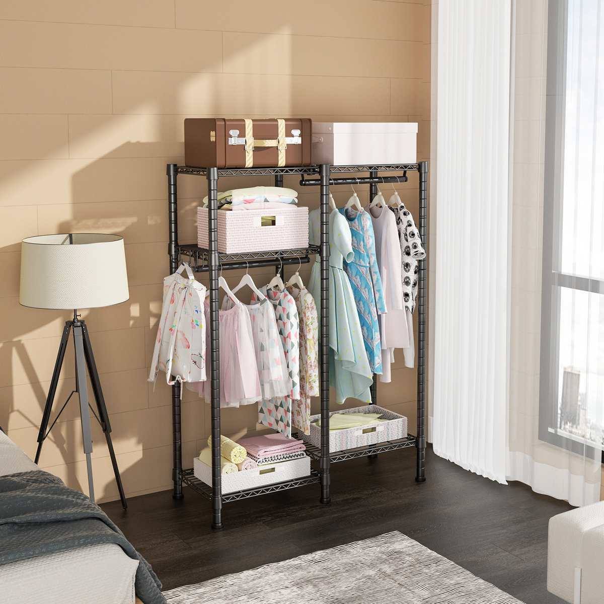 F1 Kids Double Column Garment Rack (Black), 4-Tier Shelves & 2 Hanger Rods, 40LBS per Shelf