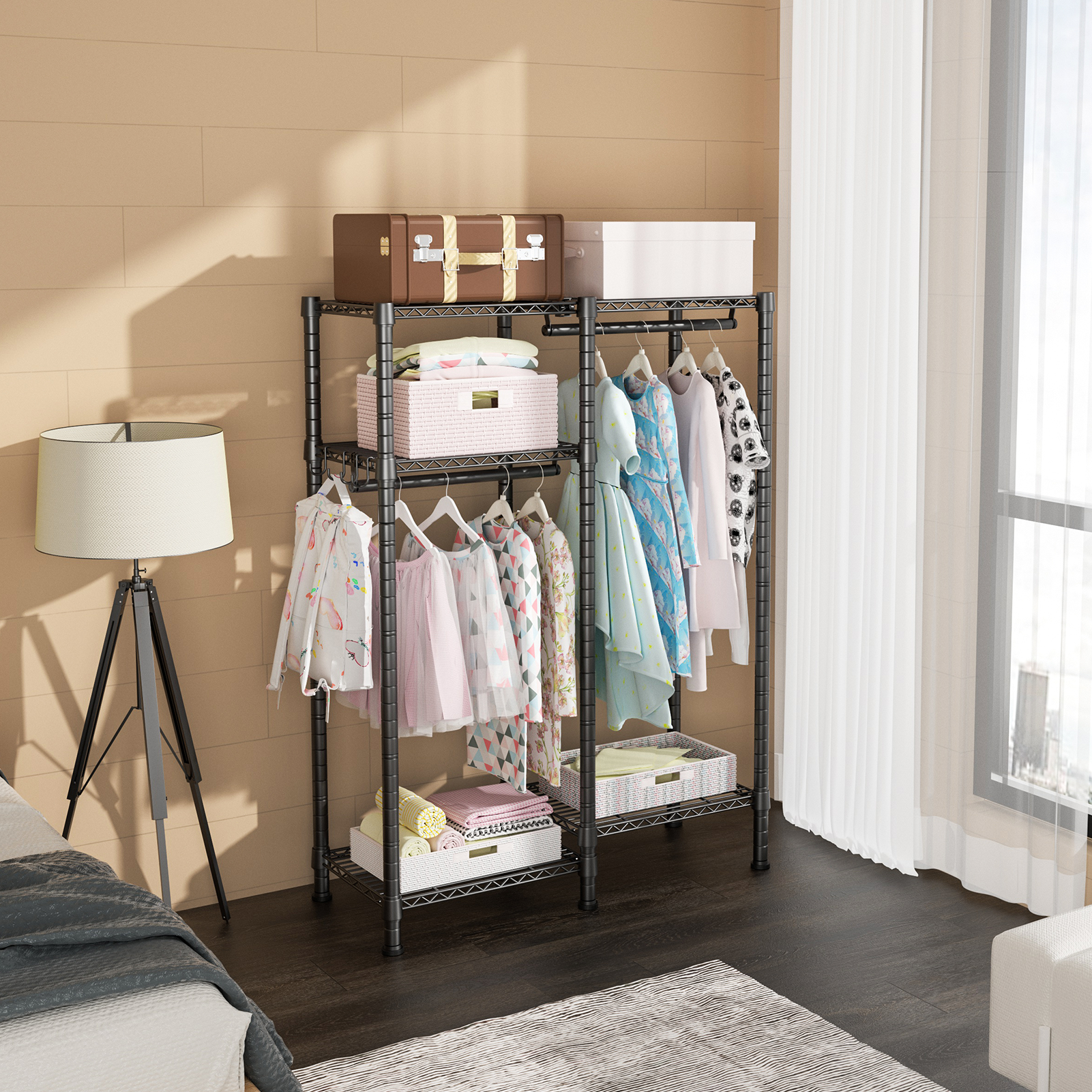 F1 Kids Double Column Garment Rack (Black), 4-Tier Shelves & 2 Hanger Rods, 40LBS per Shelf
