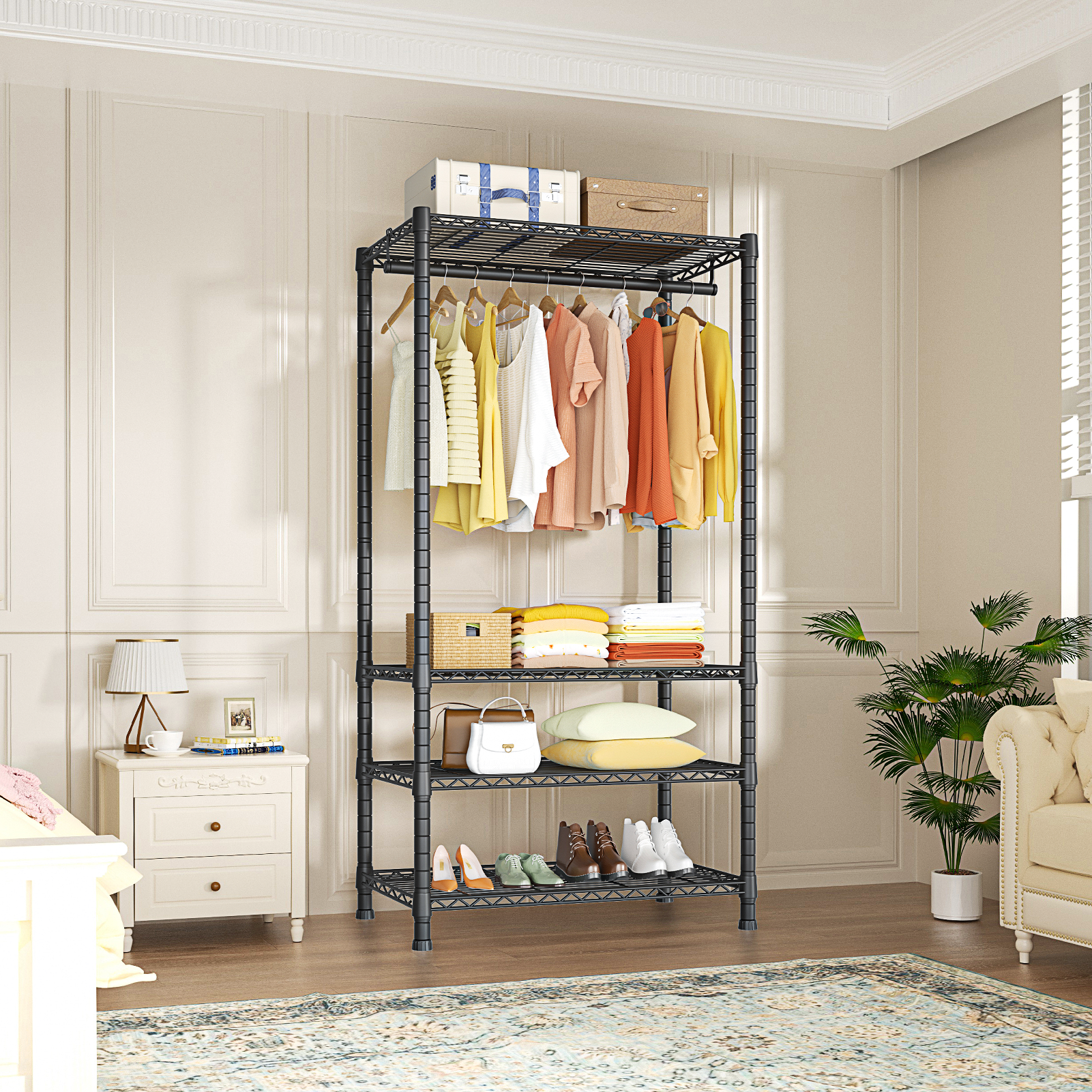 H2 30"W Single Column Garment Rack (Black), 500LBS Load & 4-Tier Adjustable Wire Shelves