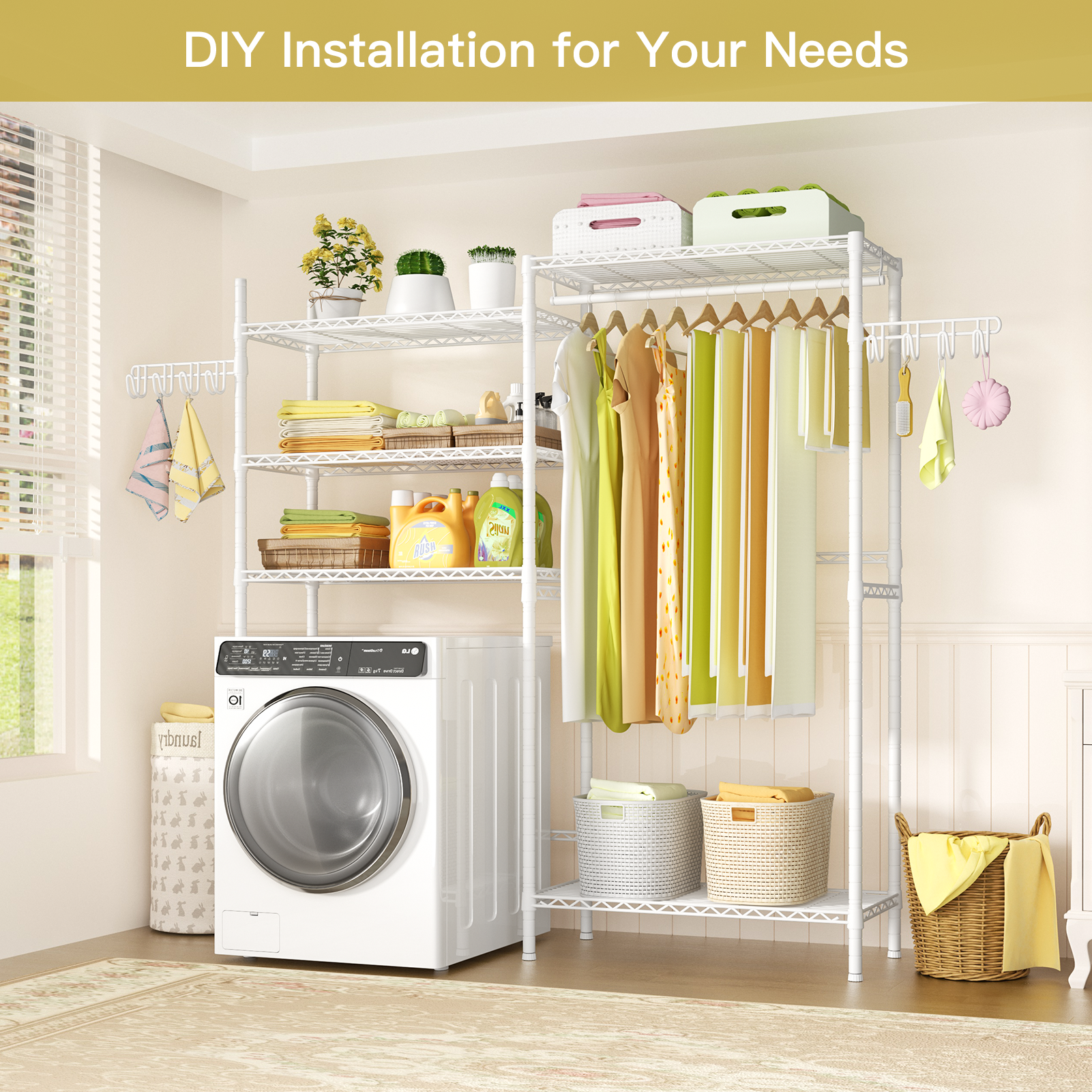 U5 Double Column Over-Washer Garment Rack (Black), ≤27" Washer/Unit, 5-Tier Shelves & Hanger Rod
