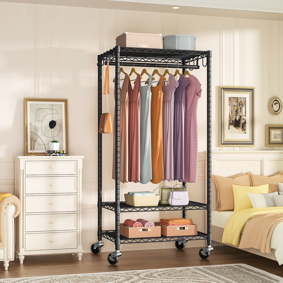 P6 Medium Single Column Garment Rack (Black), 30"W, 370LBS Load & 3-Tier Adjustable Shelves