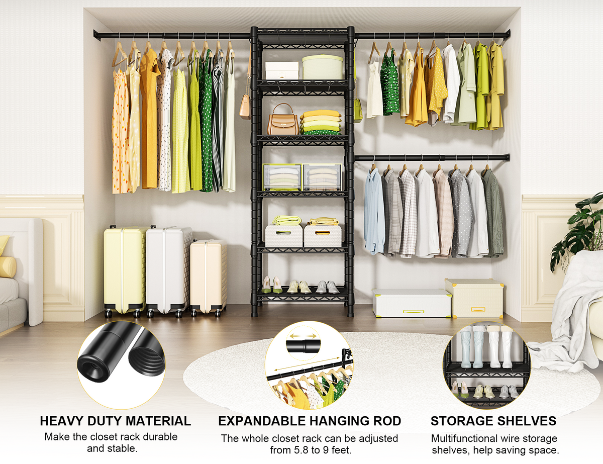 M5 Wall-Mounted Garment Rack (Black), 46.2-102.4" Width, 83.1" High & 6-Tier Shelves