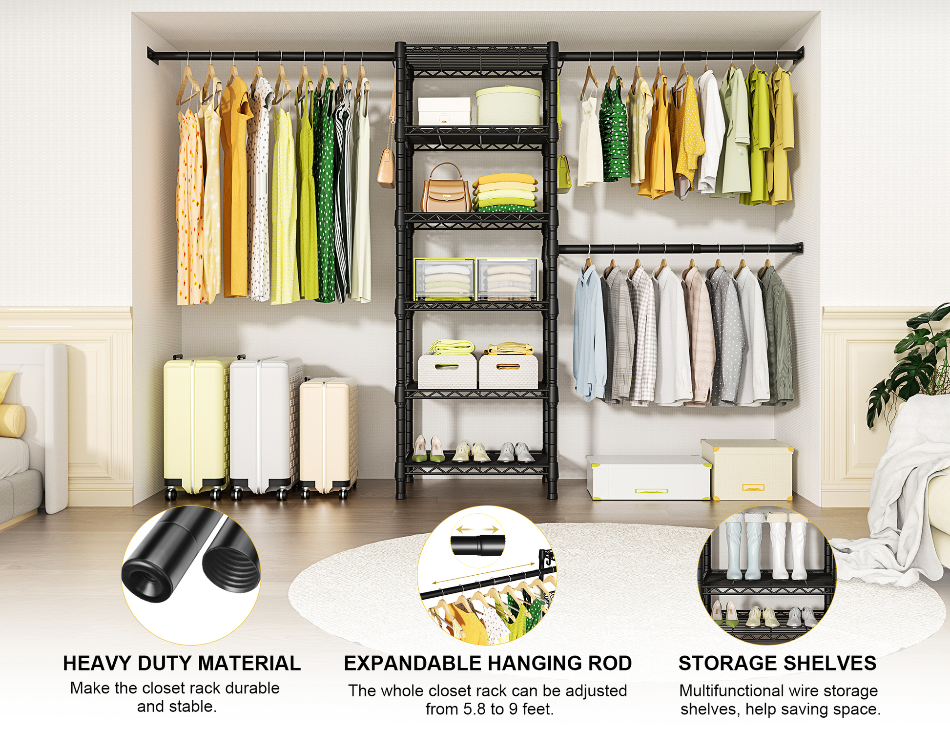 M5 Wall-Mounted Garment Rack (Black), 46.2-102.4" Width, 83.1" High & 6-Tier Shelves