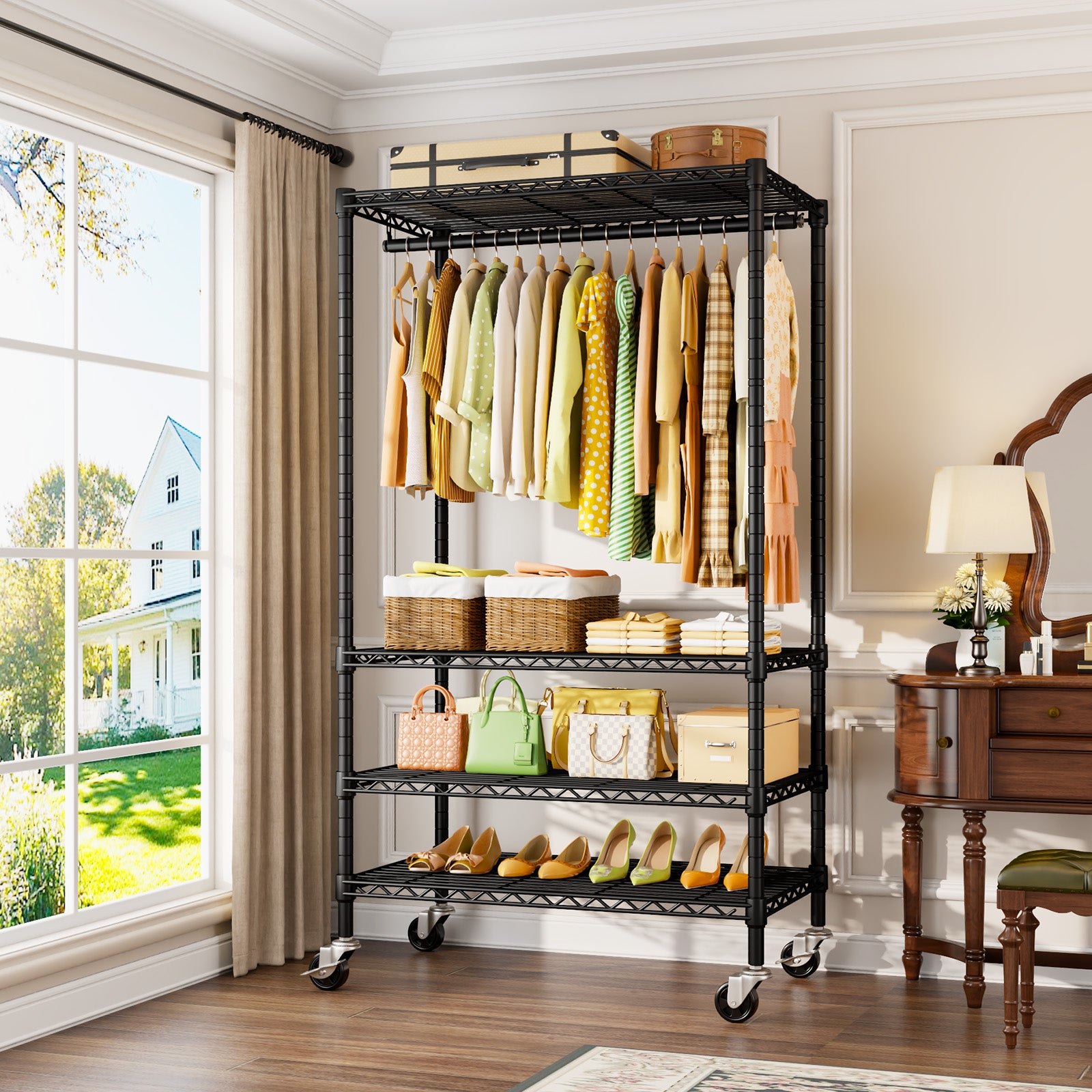 P9 Rolling Clothes Rack Heavy Duty, 4 Tiers Garment Rack with Wheels, 35.5" L X 15.8" W X 80.5" H, Max Load 445 LBS