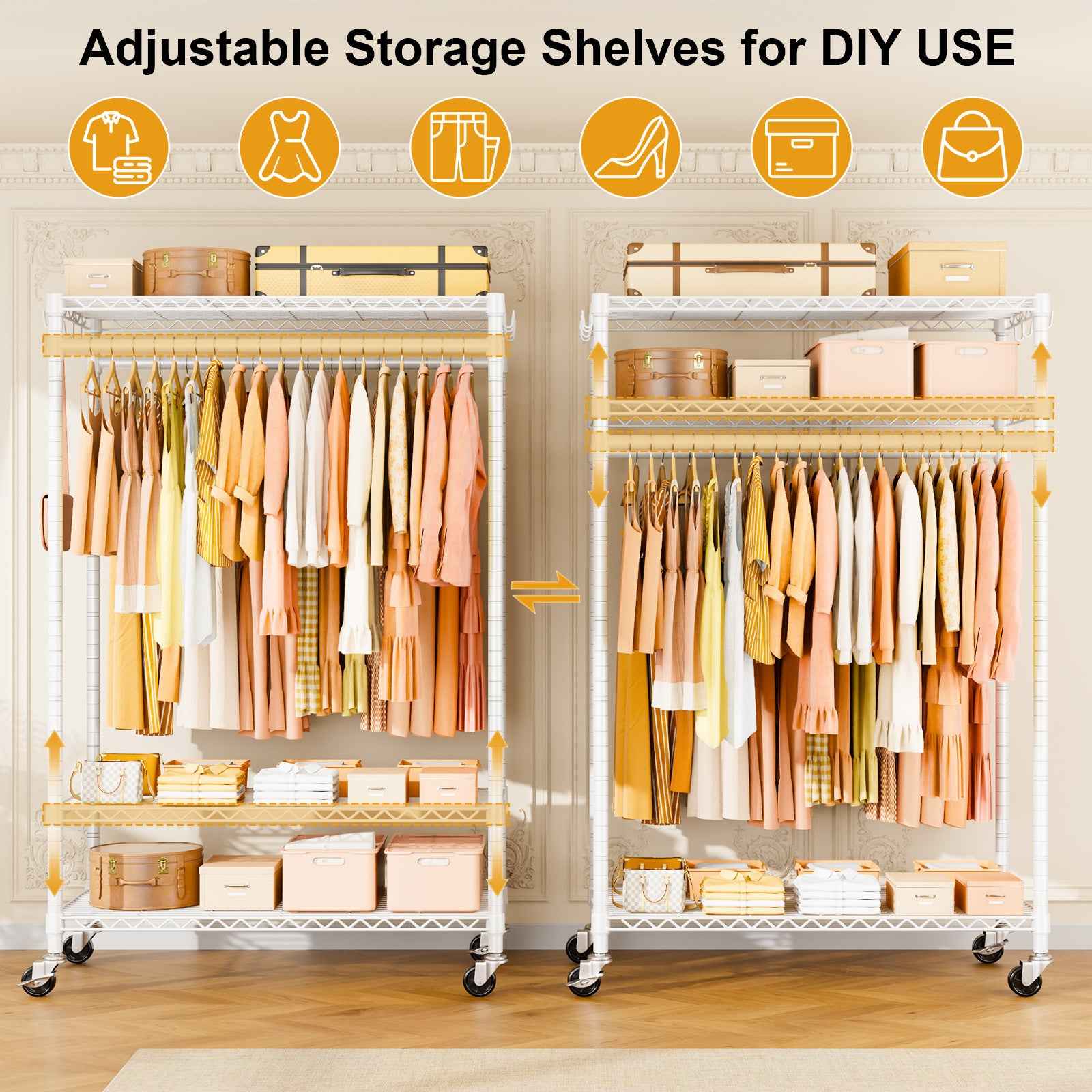 P7 45"W Single Column Garment Rack (Black), 480LBS Load & 3-Tier Adjustable Wire Shelves