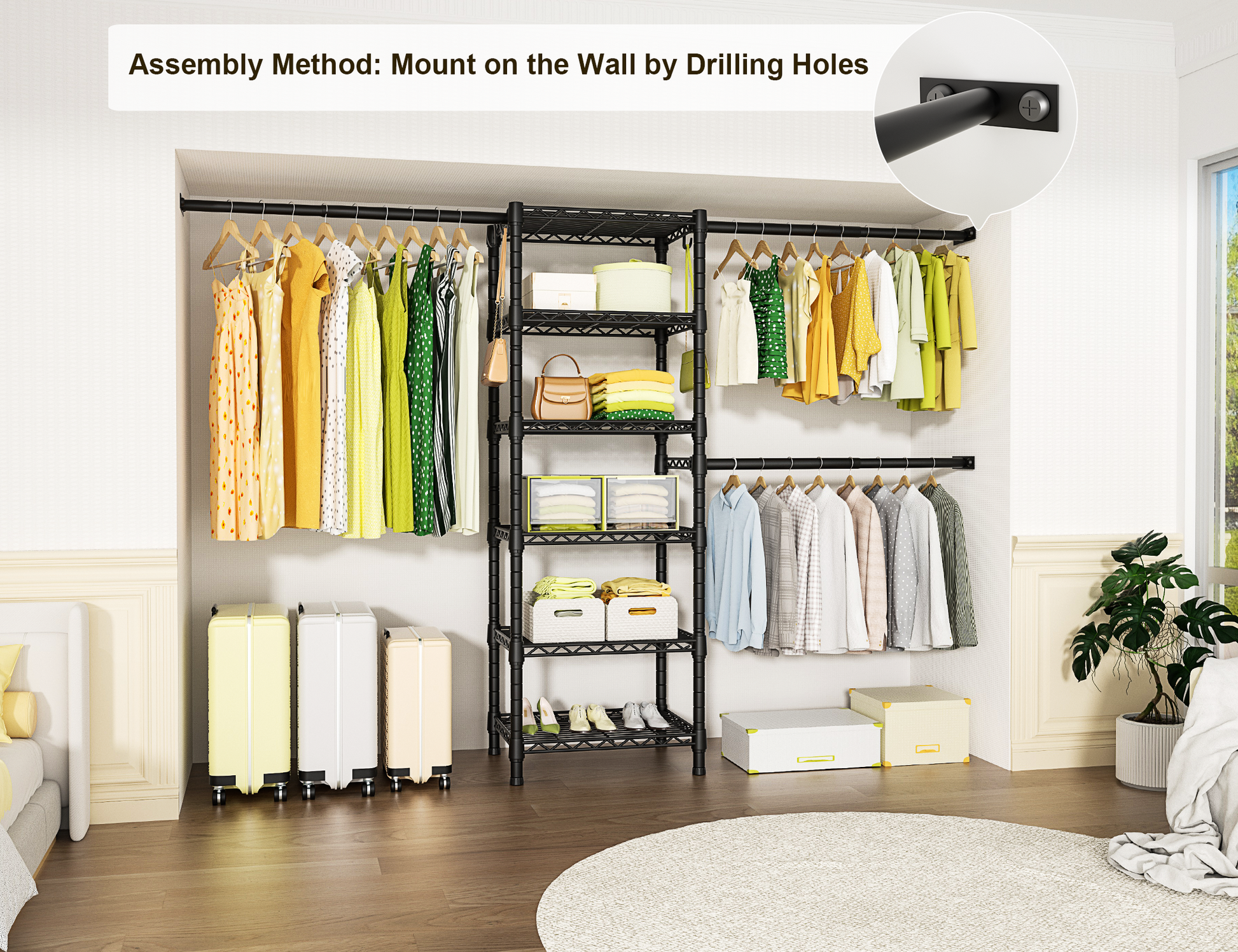 M5 Wall-Mounted Garment Rack (Black), 46.2-102.4" Width, 83.1" High & 6-Tier Shelves