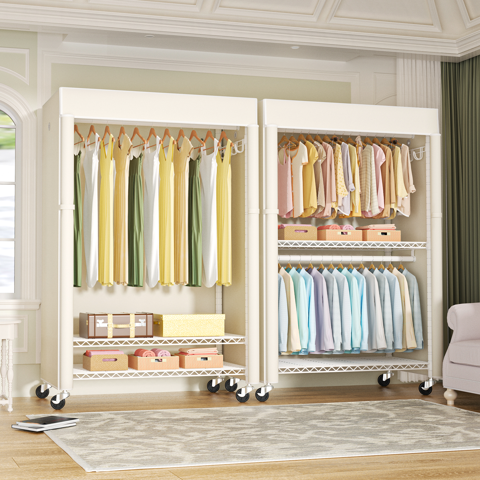 P1C Plus Single Column Rolling Garment Rack (Black+Black Cover), 46"W, 524LBS Load & Dustproof