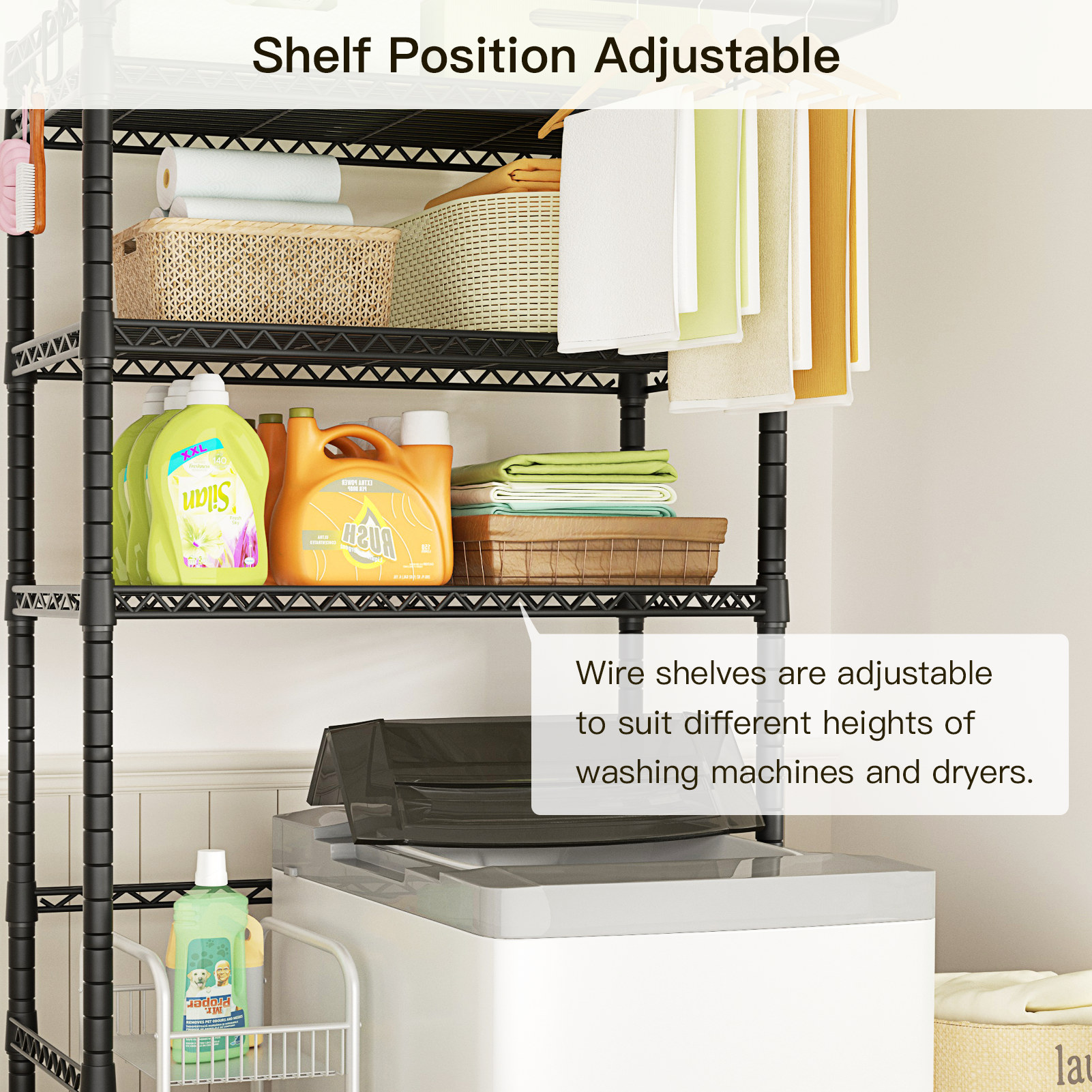 U11 Over-Washer Garment Rack (Black), ≤31.4" Washer Fit, 3-Tier Shelves & Front Hanger Rod