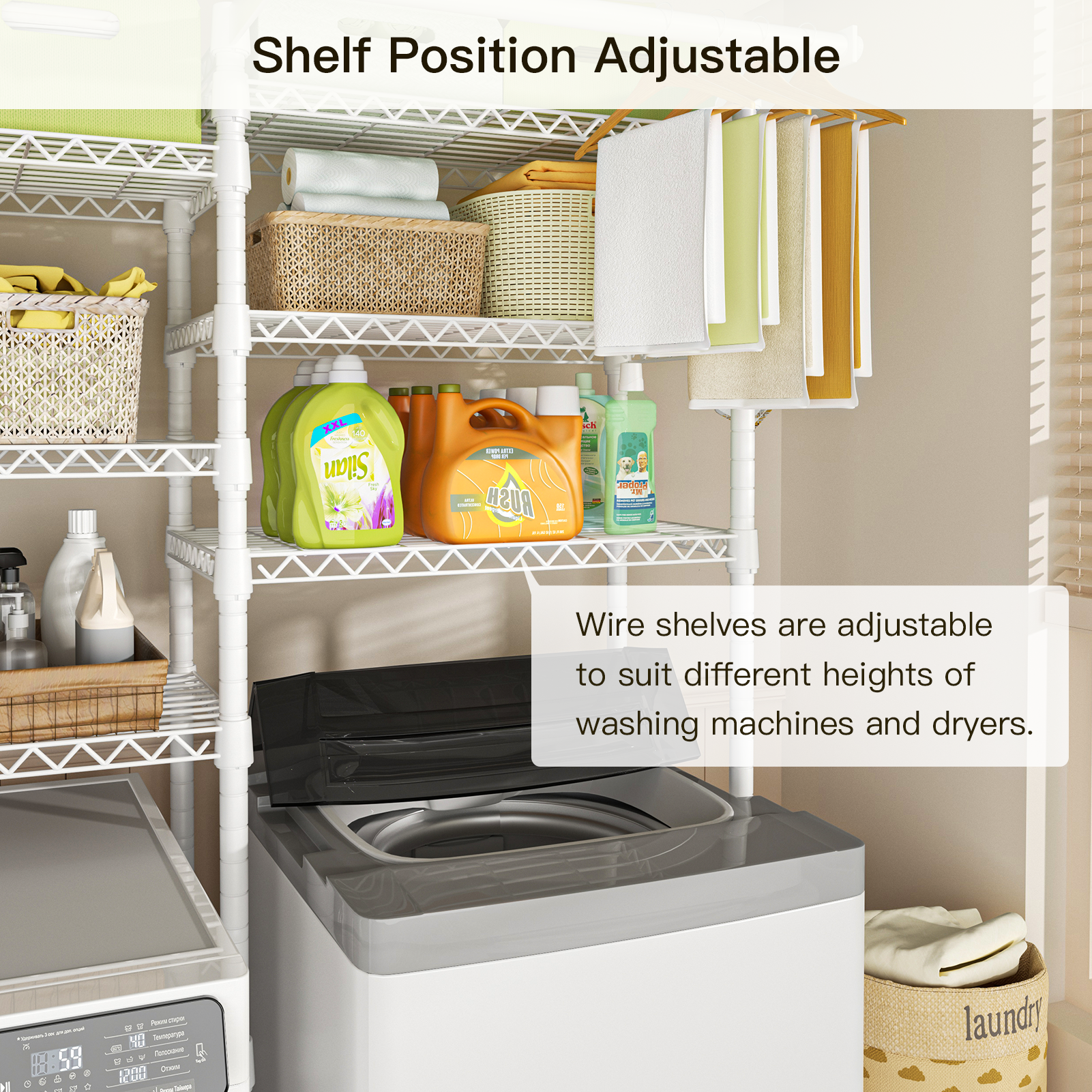 U13 Medium Double Column Over-Washer Garment Rack (Black), 57.8" Wide, ≤27.1" Washer Fit