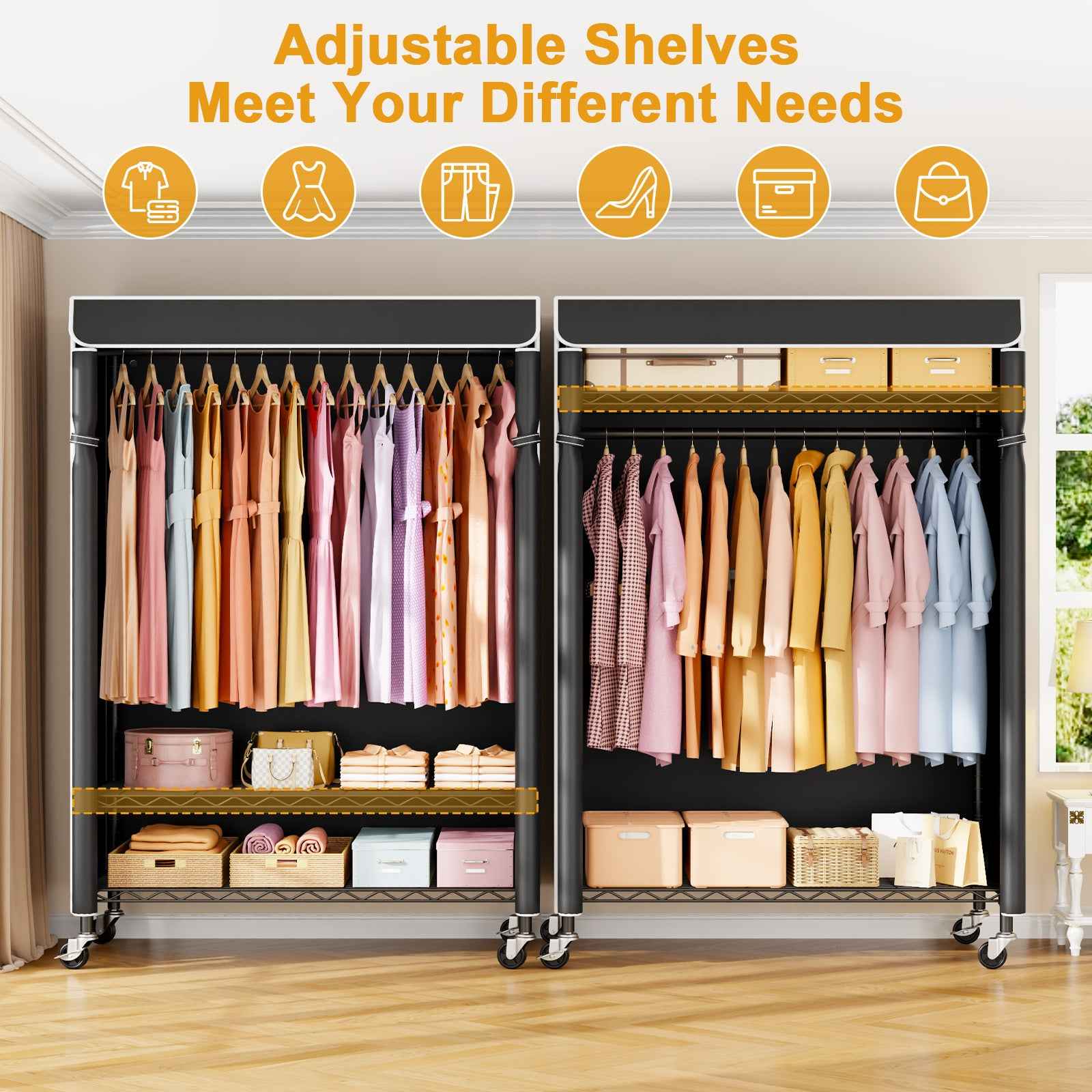 P6C Plus Rolling Clothes Rack with Cover, Covered Clothing Rack Heavy Duty, Portable, Garment Rack on Wheels