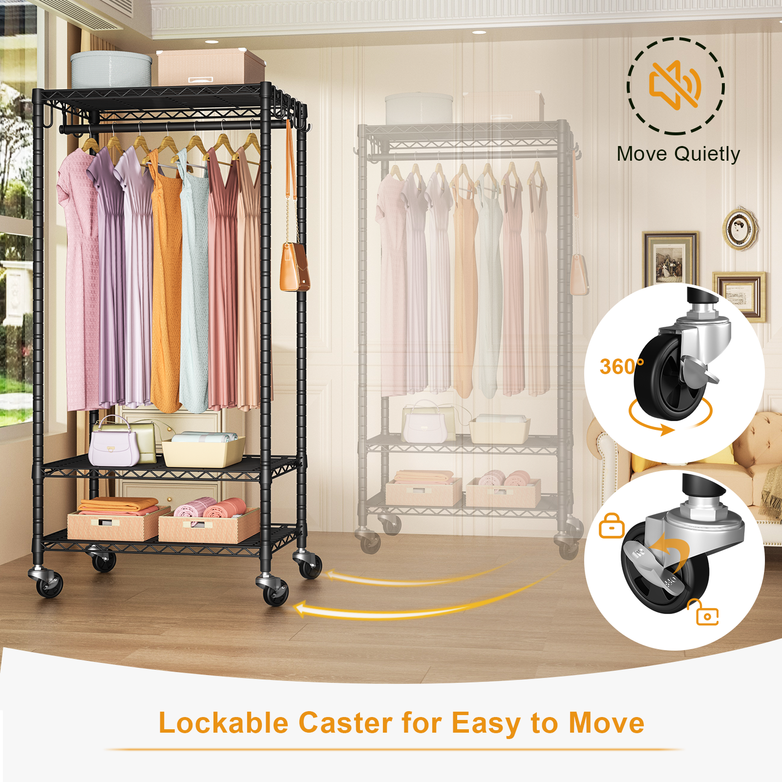 P6 Medium Single Column Garment Rack (Black), 30"W, 370LBS Load & 3-Tier Adjustable Shelves