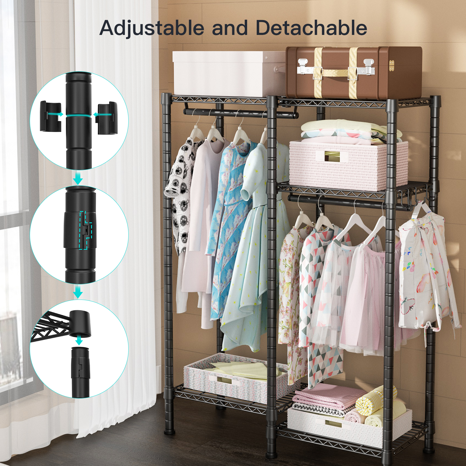 F1 Kids Double Column Garment Rack (Black), 4-Tier Shelves & 2 Hanger Rods, 40LBS per Shelf