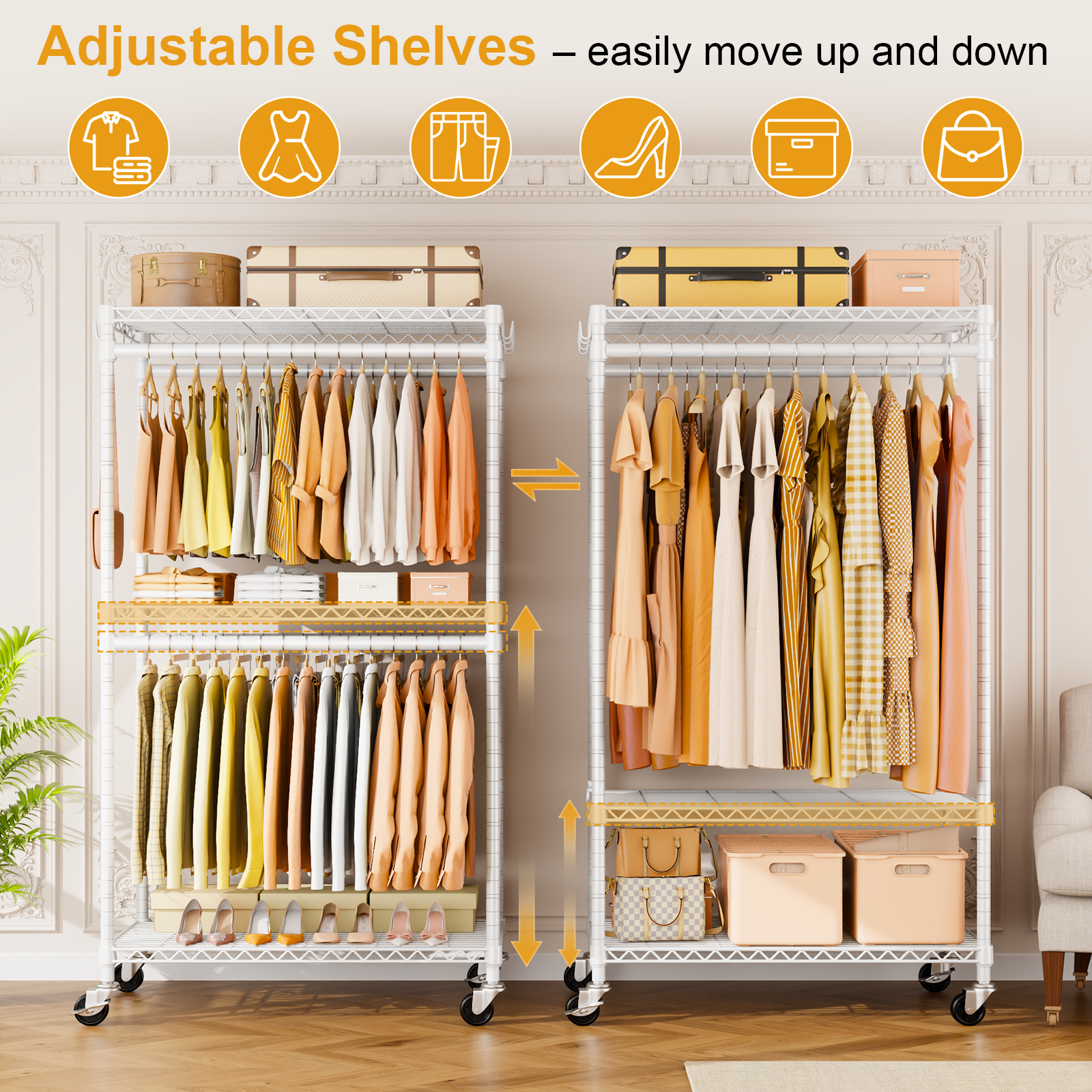 P5 39.4"W Single Column Garment Rack (Black), 655LBS Load, 3-Tier Shelves & 8 Side Hooks