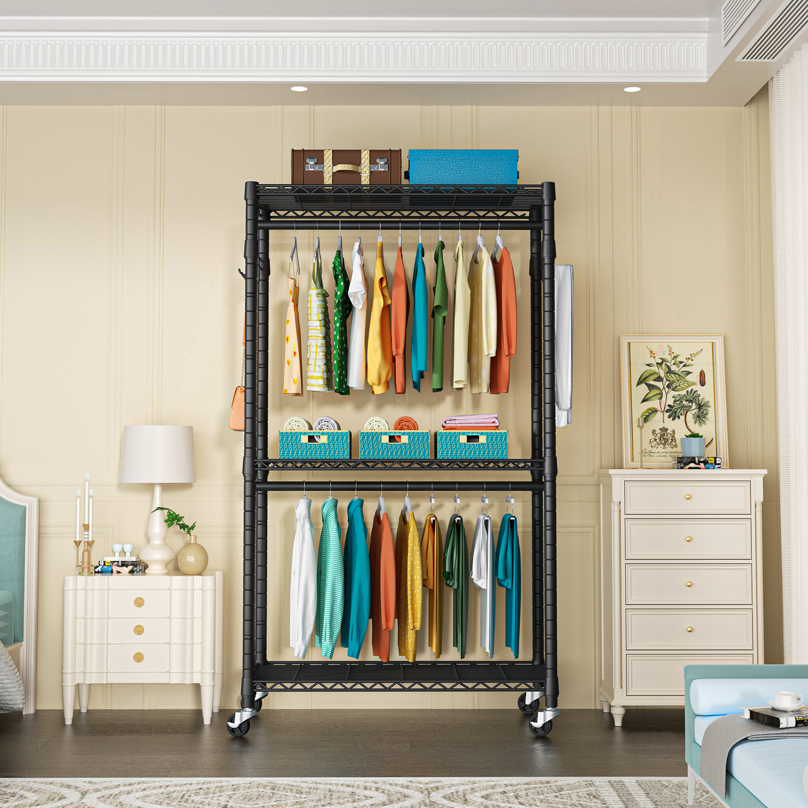 P1 Single Column Rolling Garment Rack (Grey), 35.4"W, 450LBS Load & Rust-Proof Coating