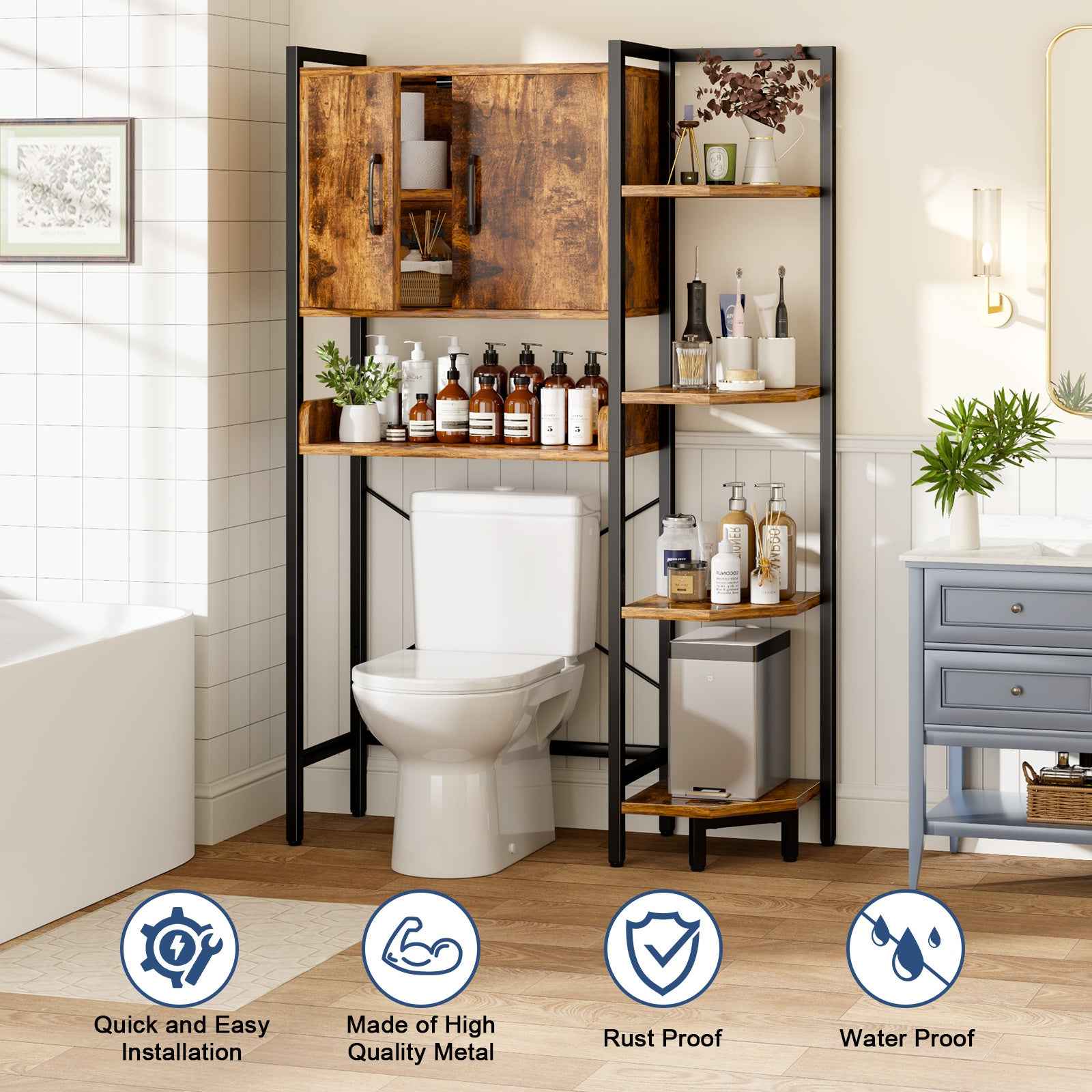 K2 Heavy Duty 7-Tier Over The Toilet Storage Cabinet（With Magnetic Doors & Adjustable Feet）Space Saver Bathroom Organizer